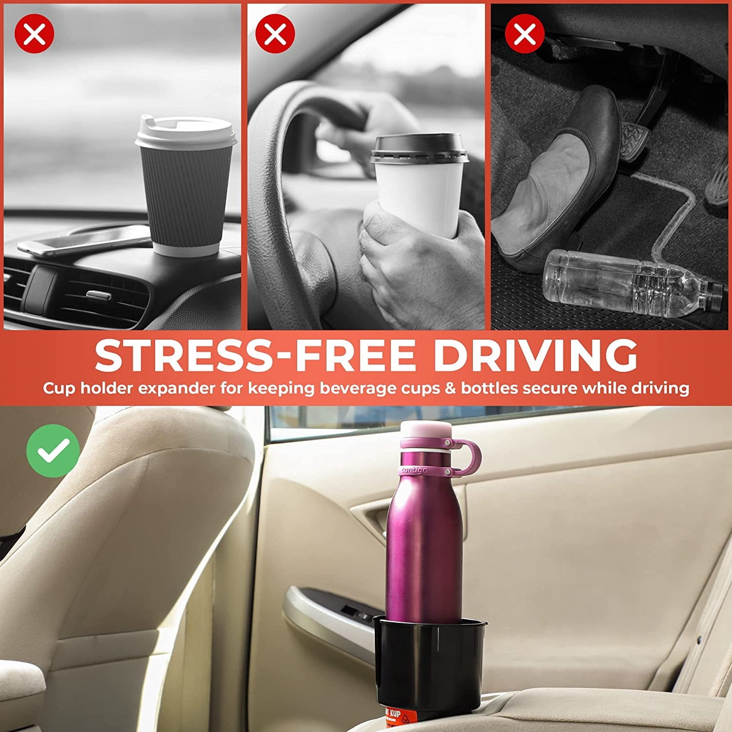Cup Holder Expander - Fits Hydro Flasks 32/40 oz, Nalgene,  &amp; Large Bottles up to 3.8  Wide - for  up to 3.2  Wide - Black I4IE
