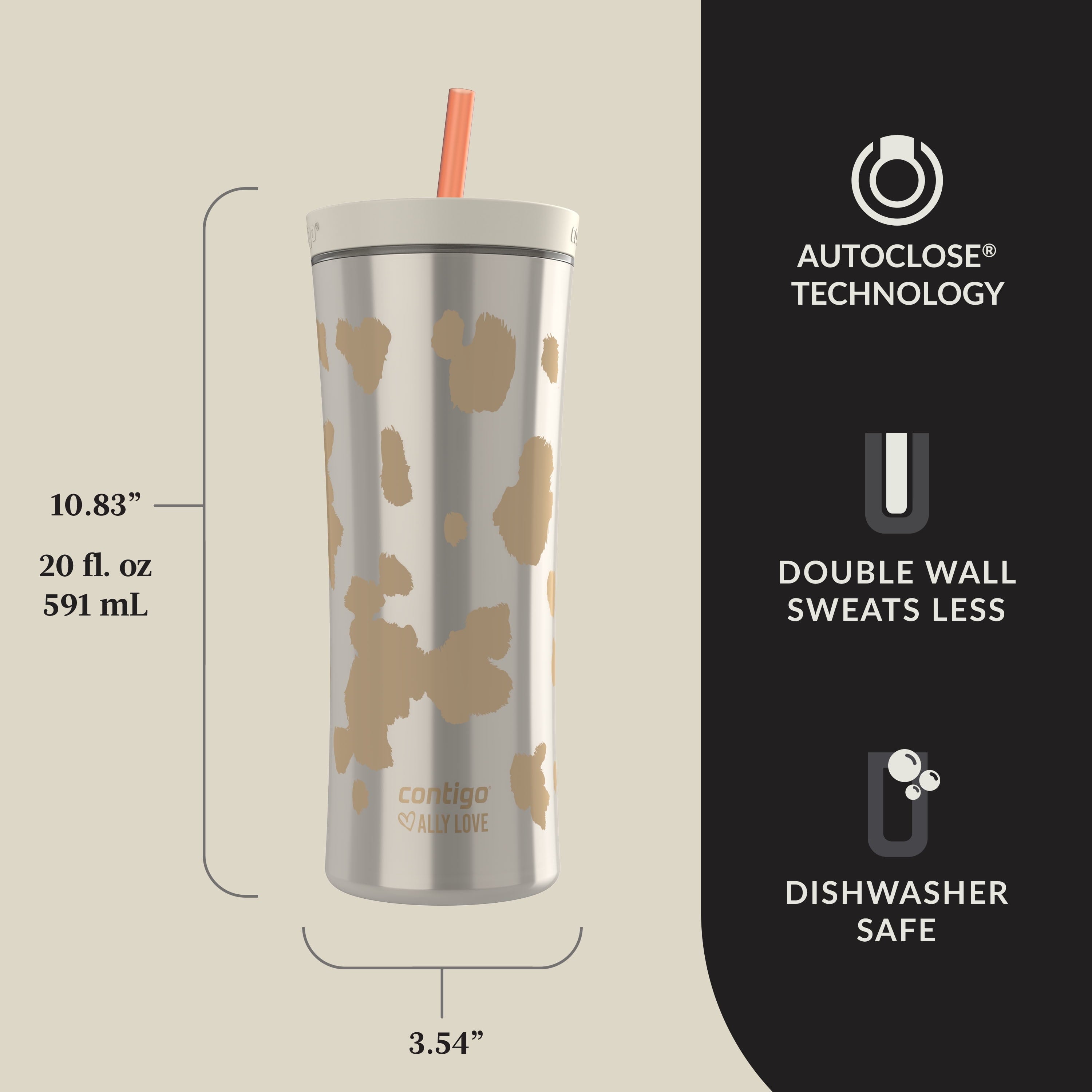 Contigo 20oz Shake &amp; Go Tumbler, Plastic with Straw, Oatmilk Cowhide Couture BNAN