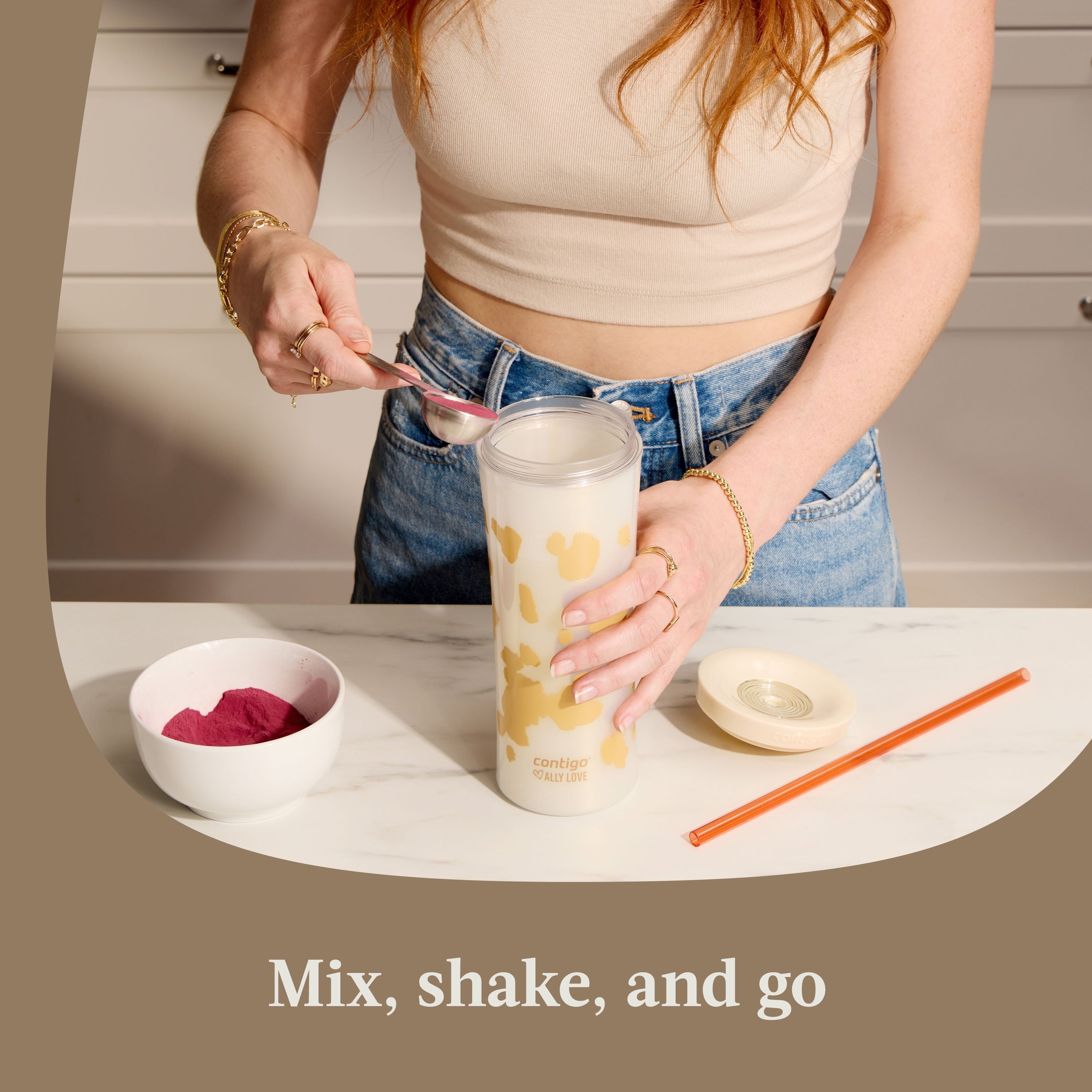 Contigo 20oz Shake &amp; Go Tumbler, Plastic with Straw, Oatmilk Cowhide Couture BNAN