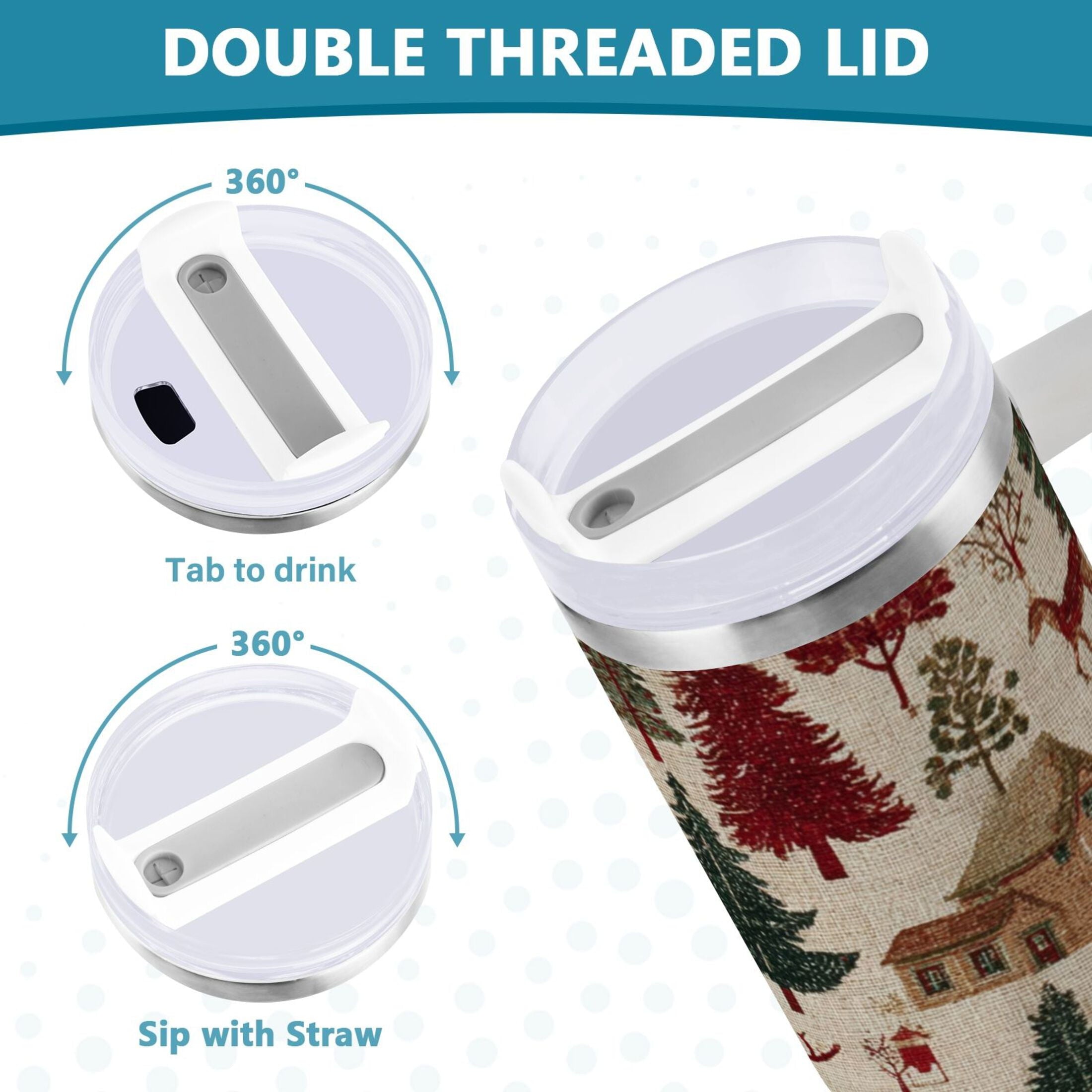 30 oz Insulated Stainless Steel Tumbler Double Wall Stainless Steel Tumbler with 2-Way Drinking Christmas Trees Deer and Houses X0JT