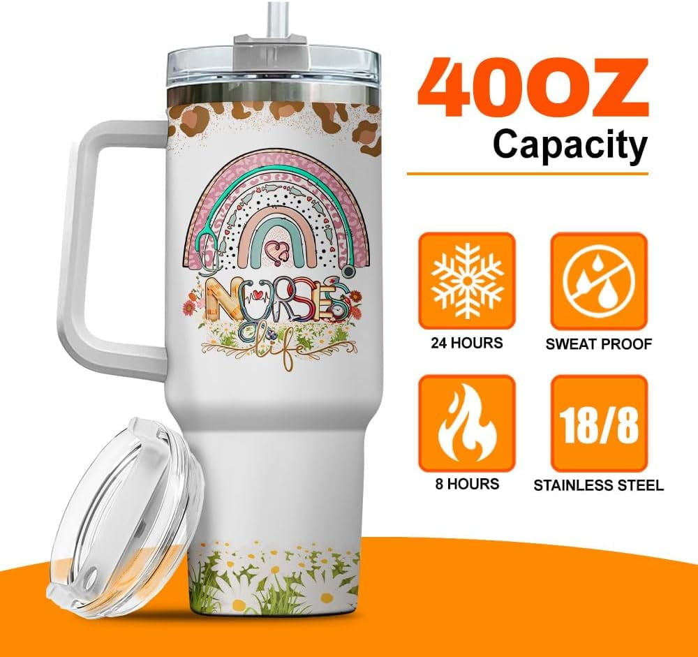 Tumbler 40 Oz With Handle Lid And Straw, Nurse Gifts, Black Camo White Engraved Print Travel Nurses Tumblers Handle Funny Cups Nursing For, Great Nurse Rainbow Daisy Flower DI5R