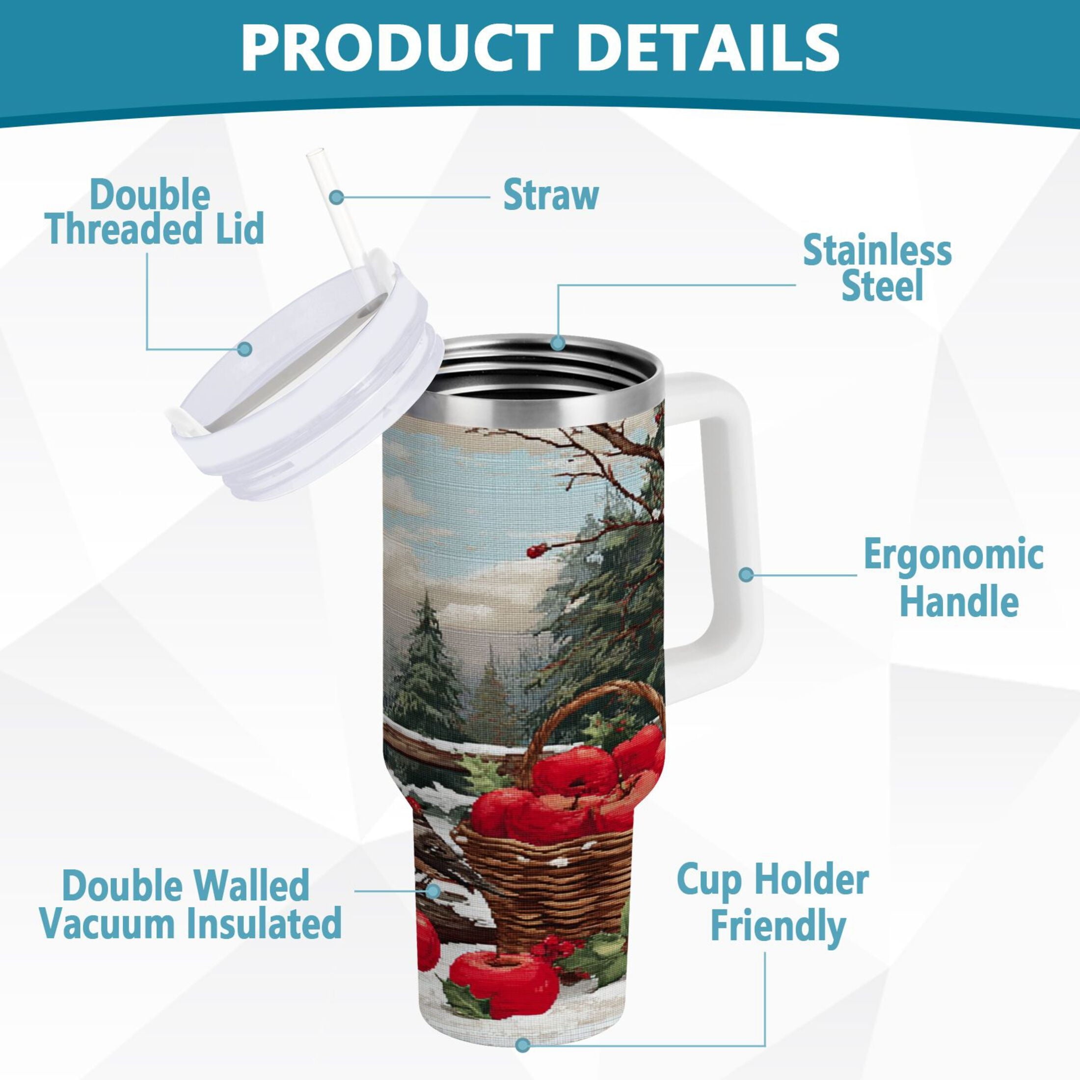 30 oz Insulated Stainless Steel Tumbler Double Wall Stainless Steel Tumbler with 2-Way Drinking Apples and Baskets GI9U