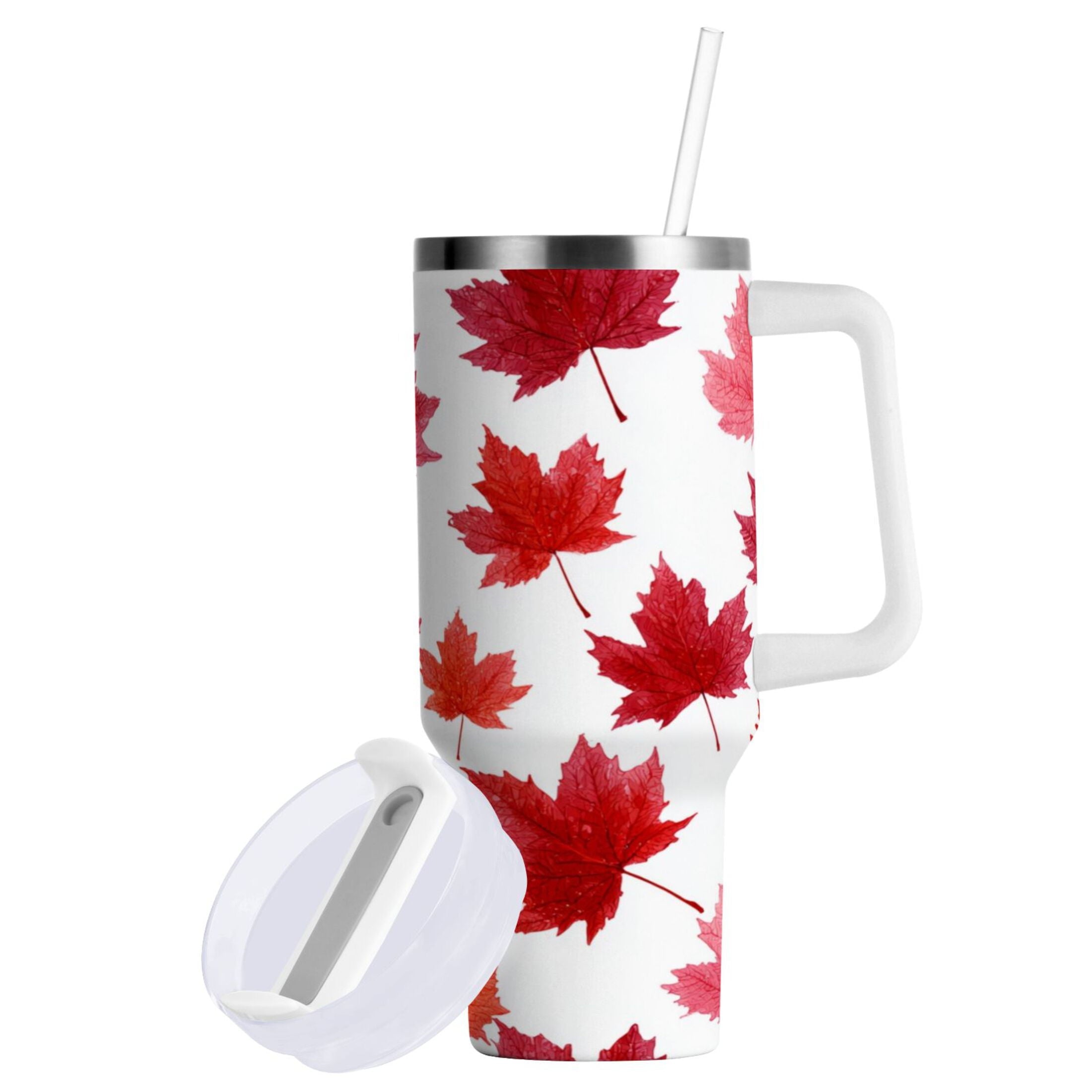 30 oz Insulated Stainless Steel Tumbler Double Wall Stainless Steel Tumbler with 2-Way Drinking Vibrant Red Maple Leaves 4CGE