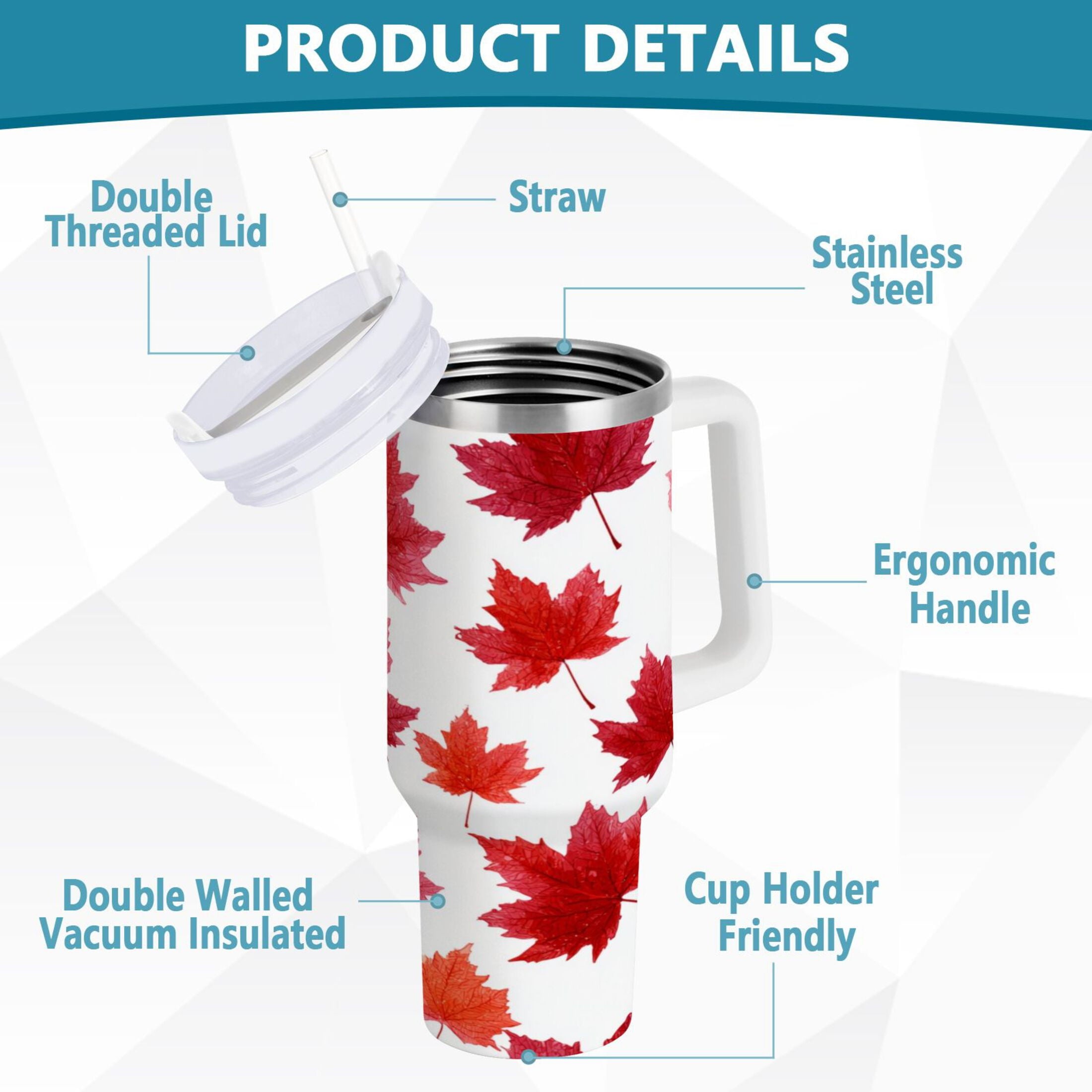 30 oz Insulated Stainless Steel Tumbler Double Wall Stainless Steel Tumbler with 2-Way Drinking Vibrant Red Maple Leaves 4CGE