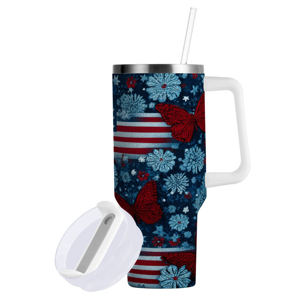 30 oz Insulated Stainless Steel Tumbler Double Wall Stainless Steel Tumbler with 2-Way Drinking Red Butterflies and Flags YLXE
