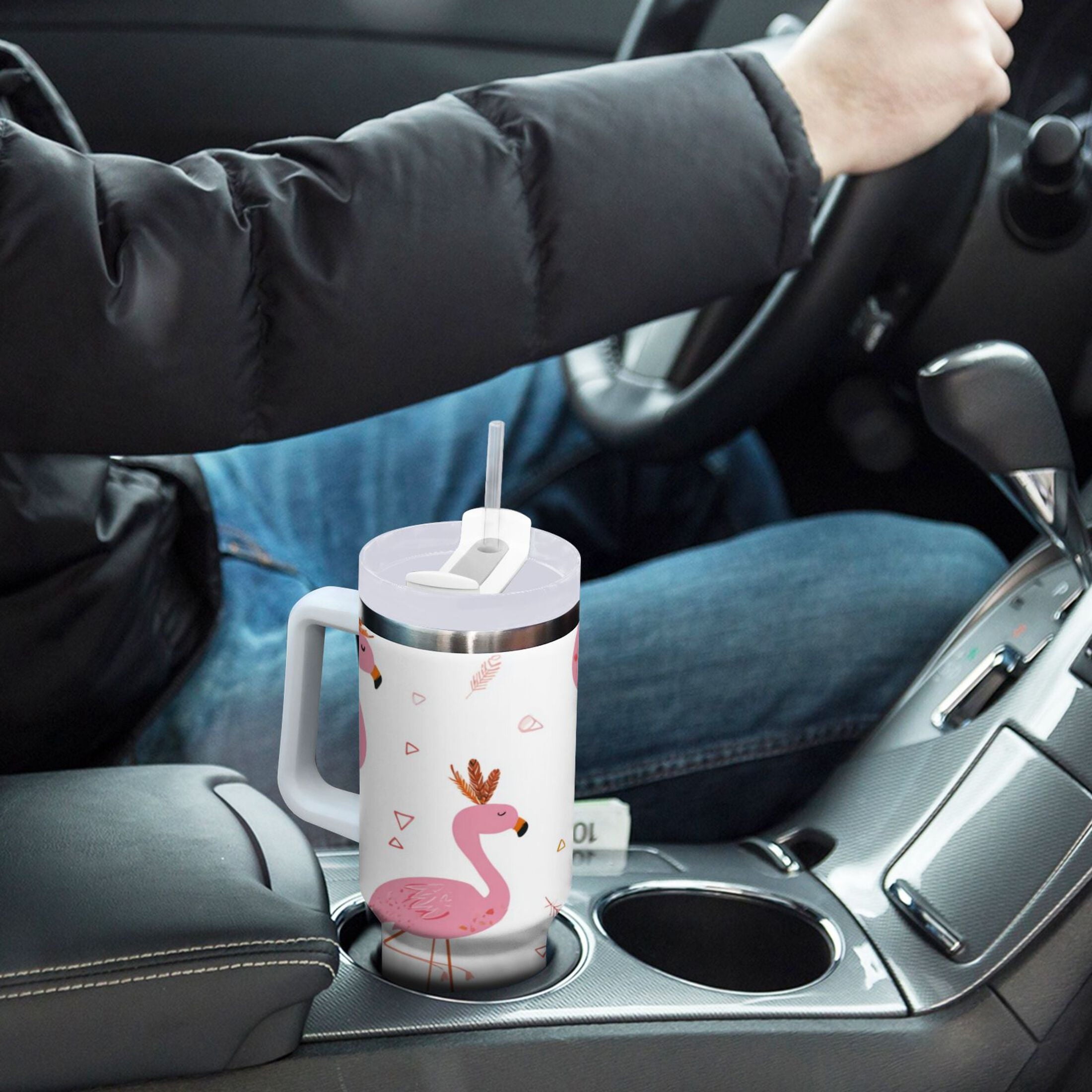 40 oz Insulated Stainless Steel Tumbler Double Wall Stainless Steel Tumbler with 2-Way Drinking Cute Pink Flamingo Pattern R33A
