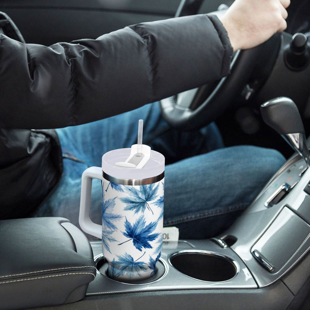 30 oz Insulated Stainless Steel Tumbler Double Wall Stainless Steel Tumbler with 2-Way Drinking Abstract Blue Maple Leaves HPXS