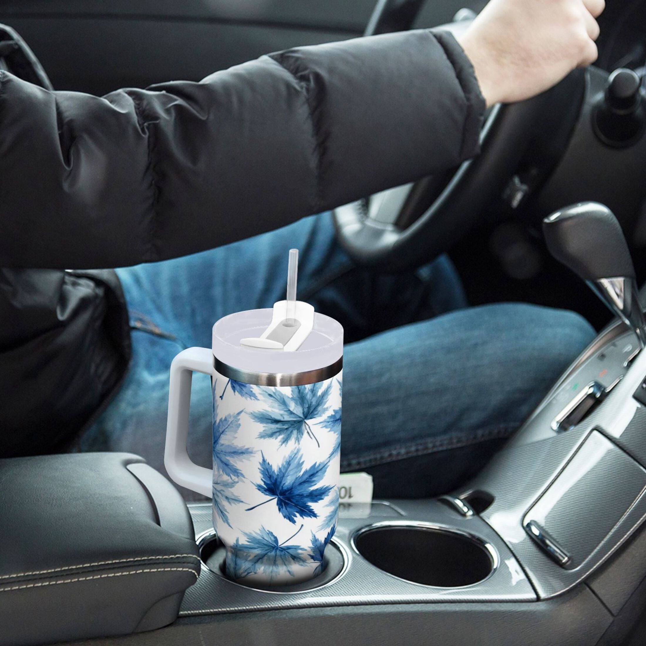30 oz Insulated Stainless Steel Tumbler Double Wall Stainless Steel Tumbler with 2-Way Drinking Abstract Blue Maple Leaves HPXS