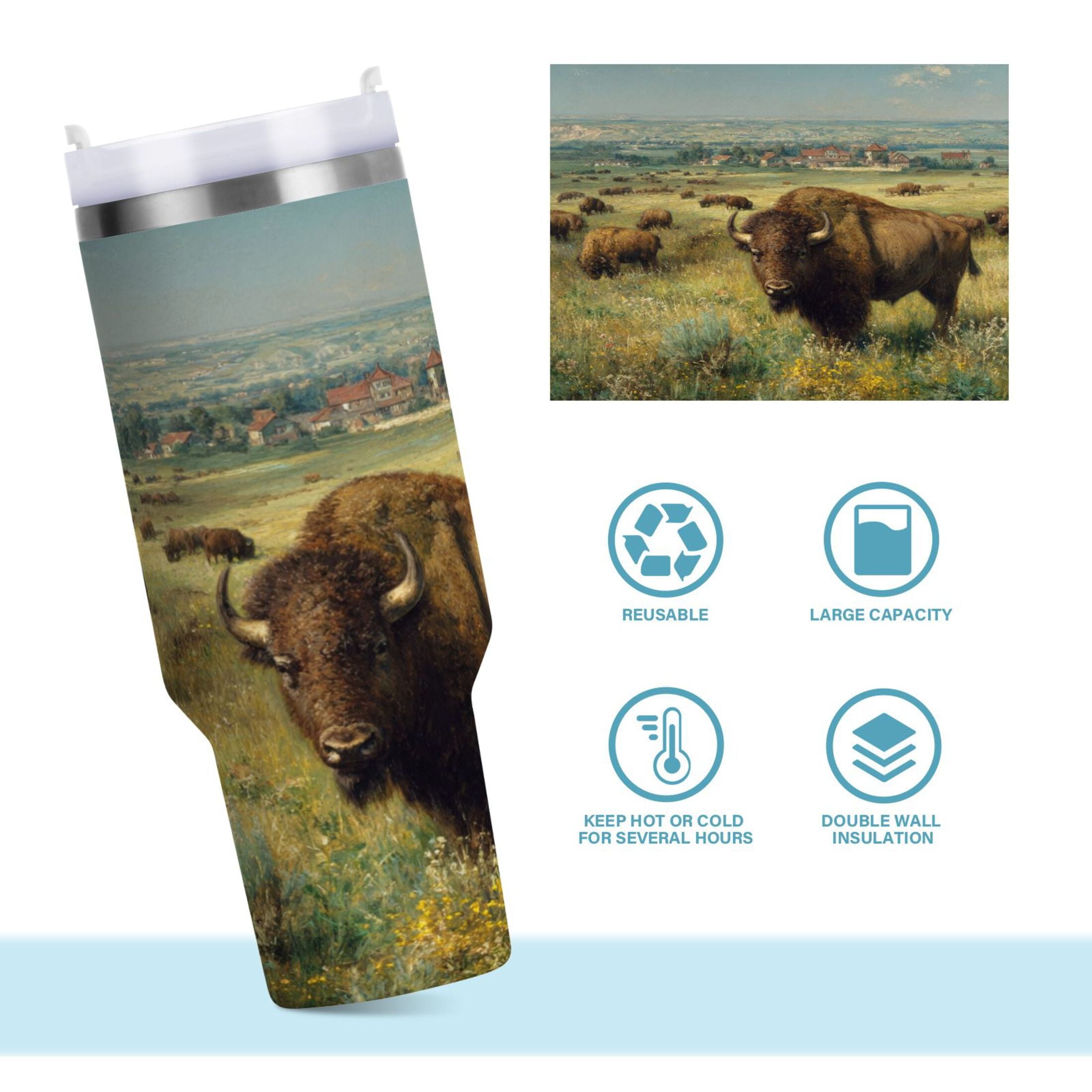 30 oz Insulated Stainless Steel Tumbler Double Wall Stainless Steel Tumbler with 2-Way Drinking Buffalo Herd Oil Painting FERM