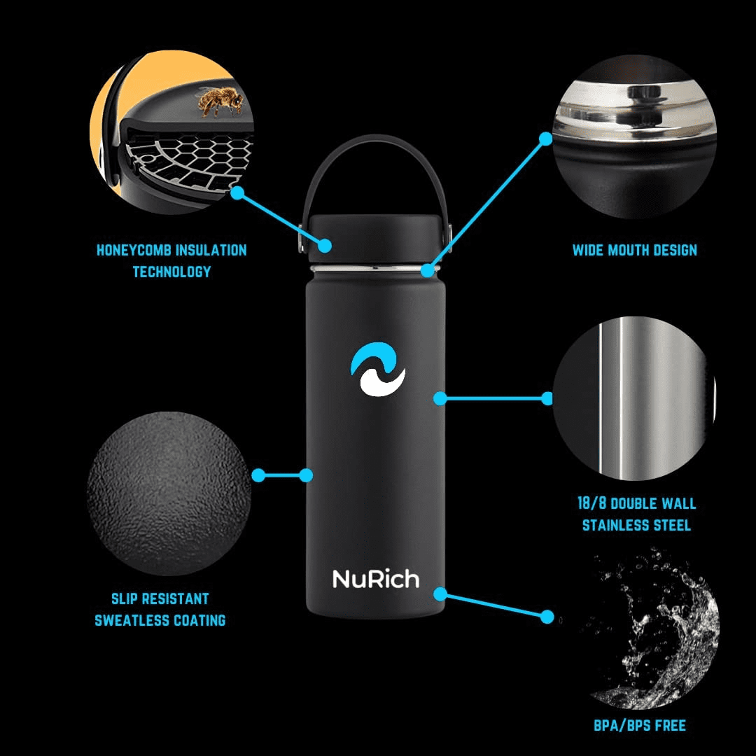 NuRich Sports Water Bottle - 18 Oz, Vacuum Insulated Stainless Steel, Modern Double Walled, Simple Thermo Modern Mug, Hydro Metal Canteen Flask Wide Mouth with Sweat Proof Design for Cold &amp; Hot Temp YIZX
