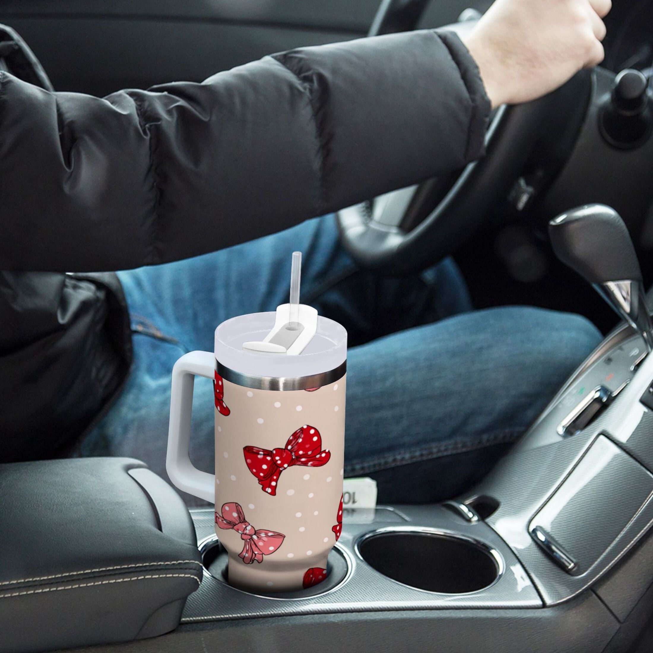 30 oz Insulated Stainless Steel Tumbler Double Wall Stainless Steel Tumbler with 2-Way Drinking Cute Red Bows Pattern 9ARD