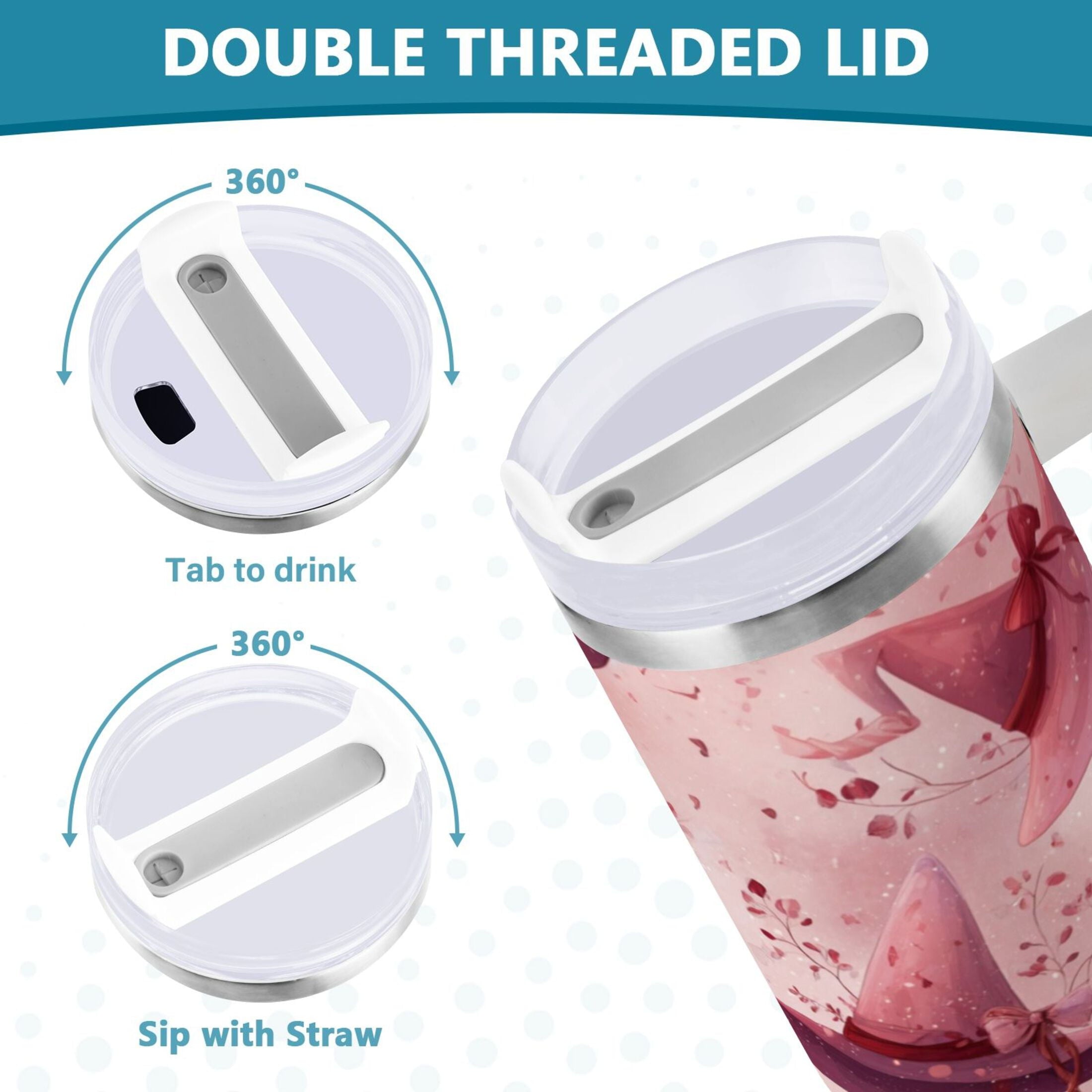 30 oz Insulated Stainless Steel Tumbler Double Wall Stainless Steel Tumbler with 2-Way Drinking Hats with Delicate Bows M2L6