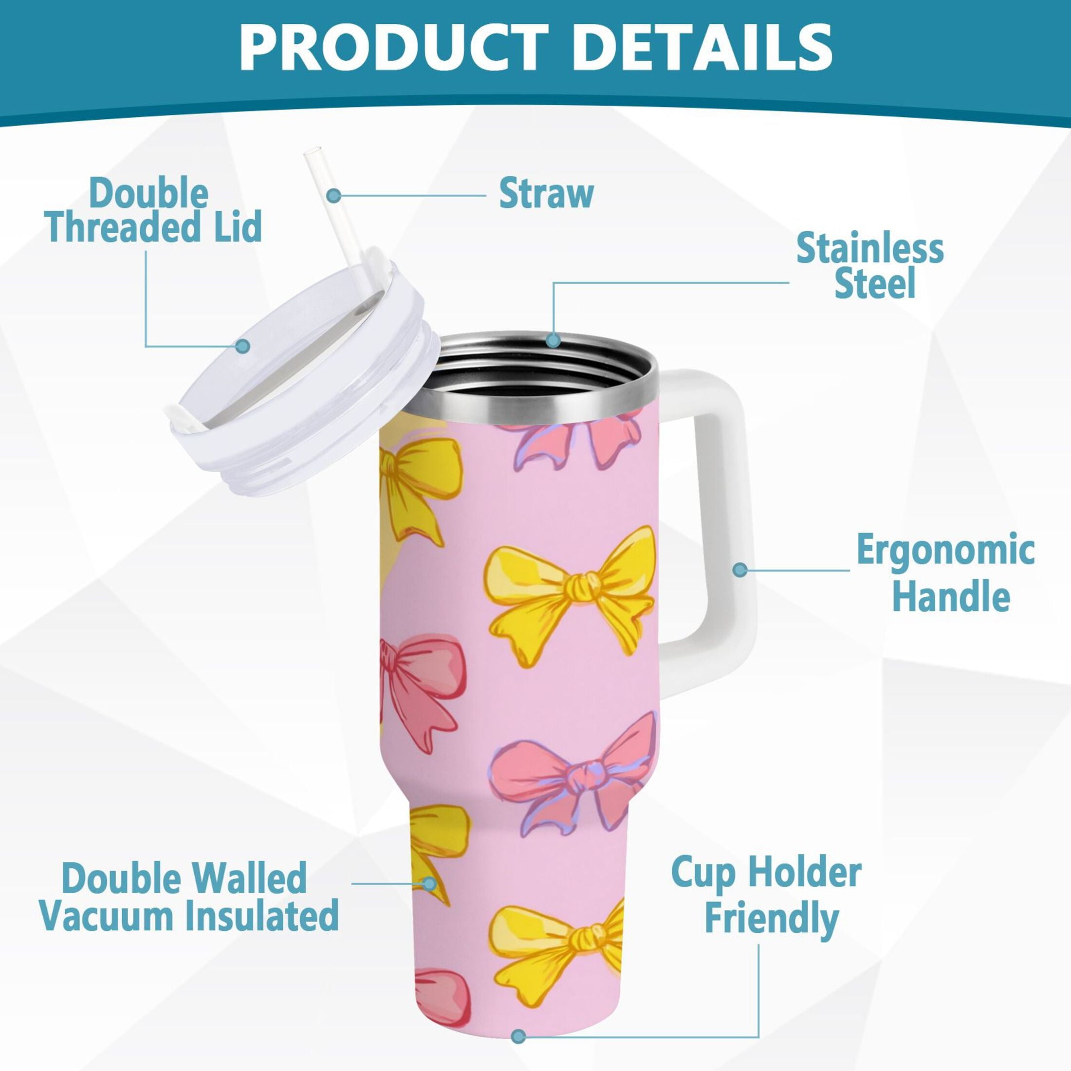 30 oz Insulated Stainless Steel Tumbler Double Wall Stainless Steel Tumbler with 2-Way Drinking Yellow and Pink Bows RW6H