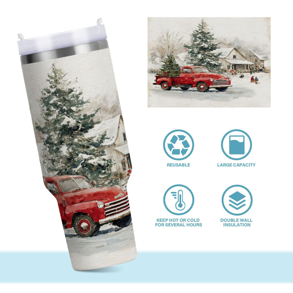 30 oz Insulated Stainless Steel Tumbler Double Wall Stainless Steel Tumbler with 2-Way Drinking Truck with Christmas Decorations TW3N