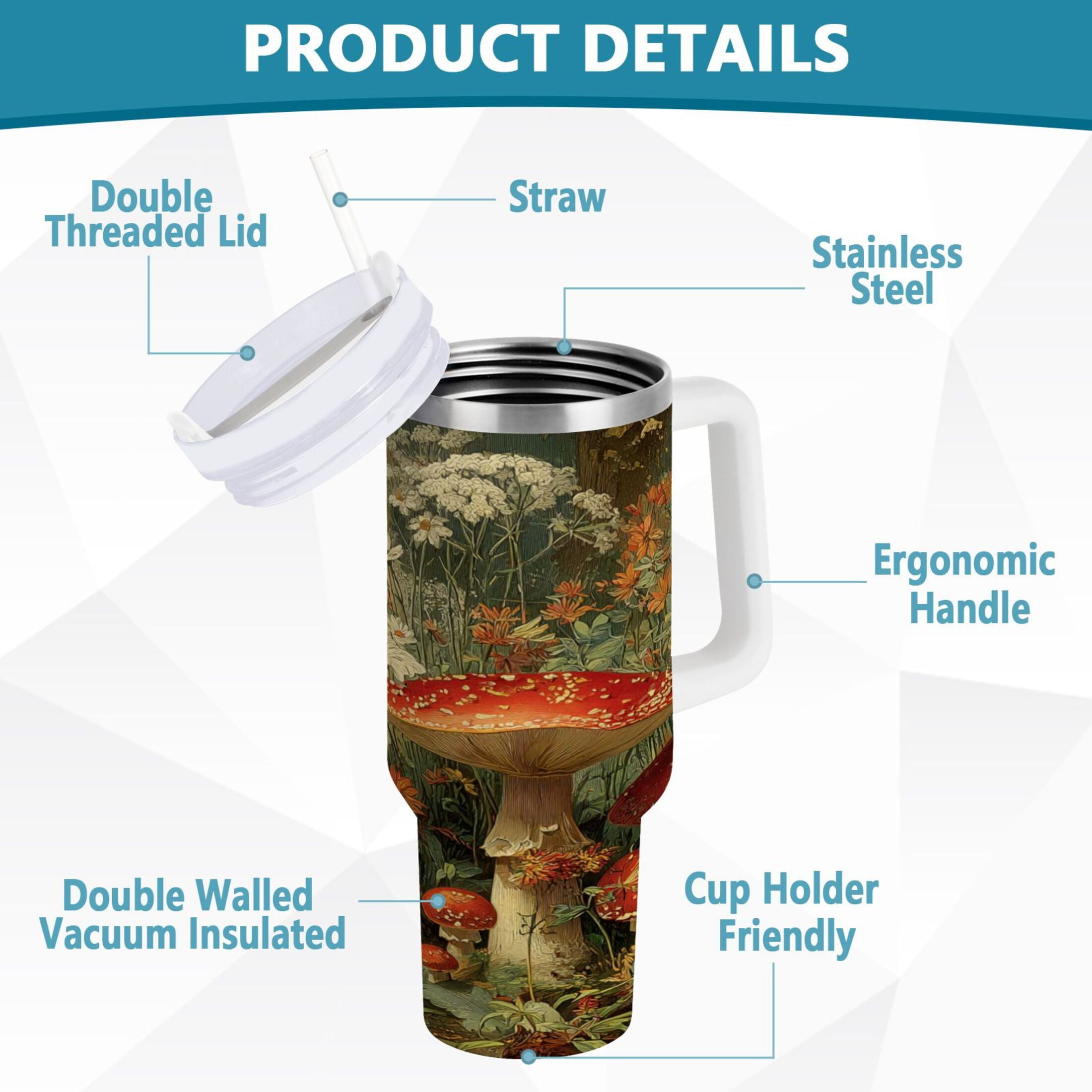 40 oz Insulated Stainless Steel Tumbler Double Wall Stainless Steel Tumbler with 2-Way Drinking Red Mushrooms 6D5T