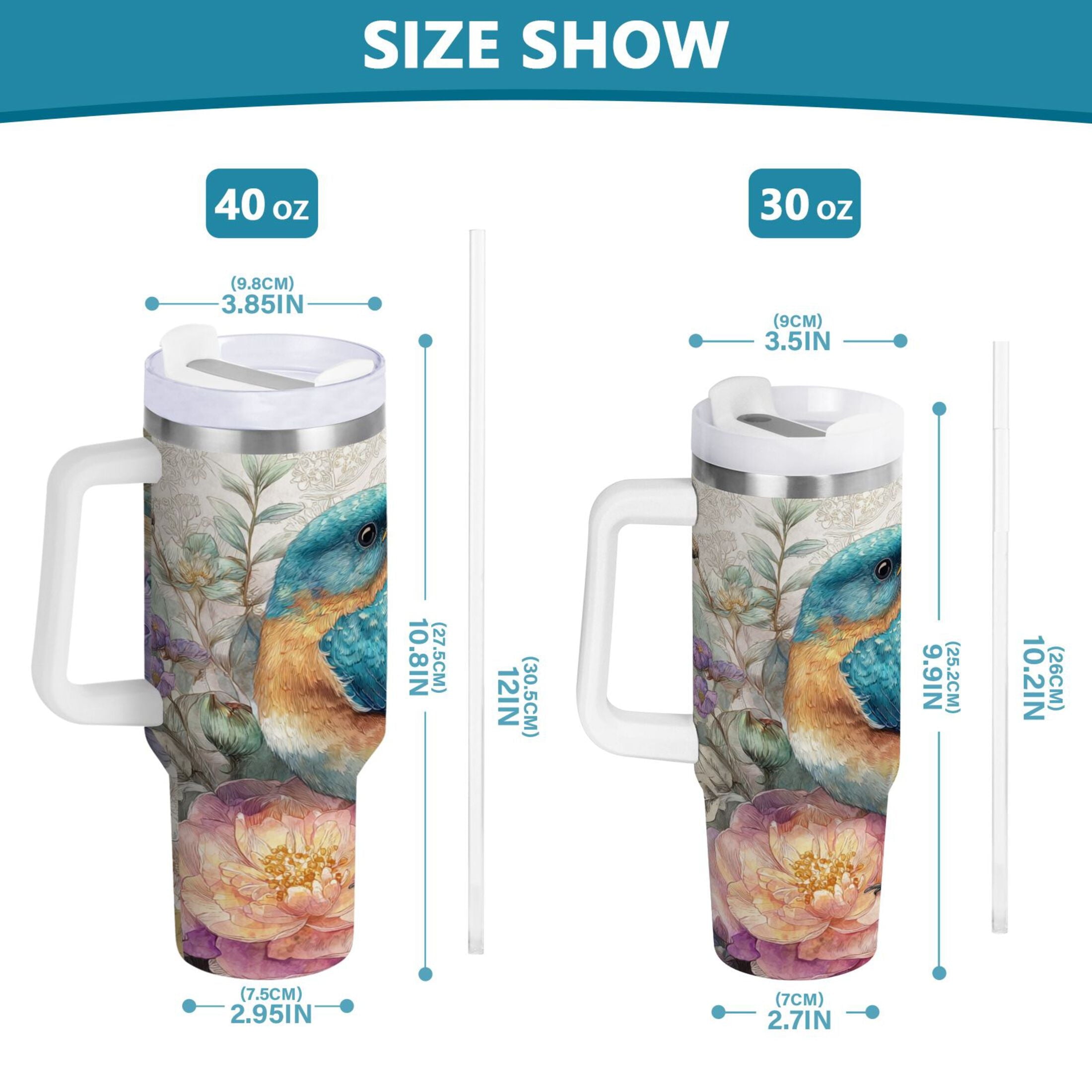 30 oz Insulated Stainless Steel Tumbler Double Wall Stainless Steel Tumbler with 2-Way Drinking Bluebird and Flower ARC5