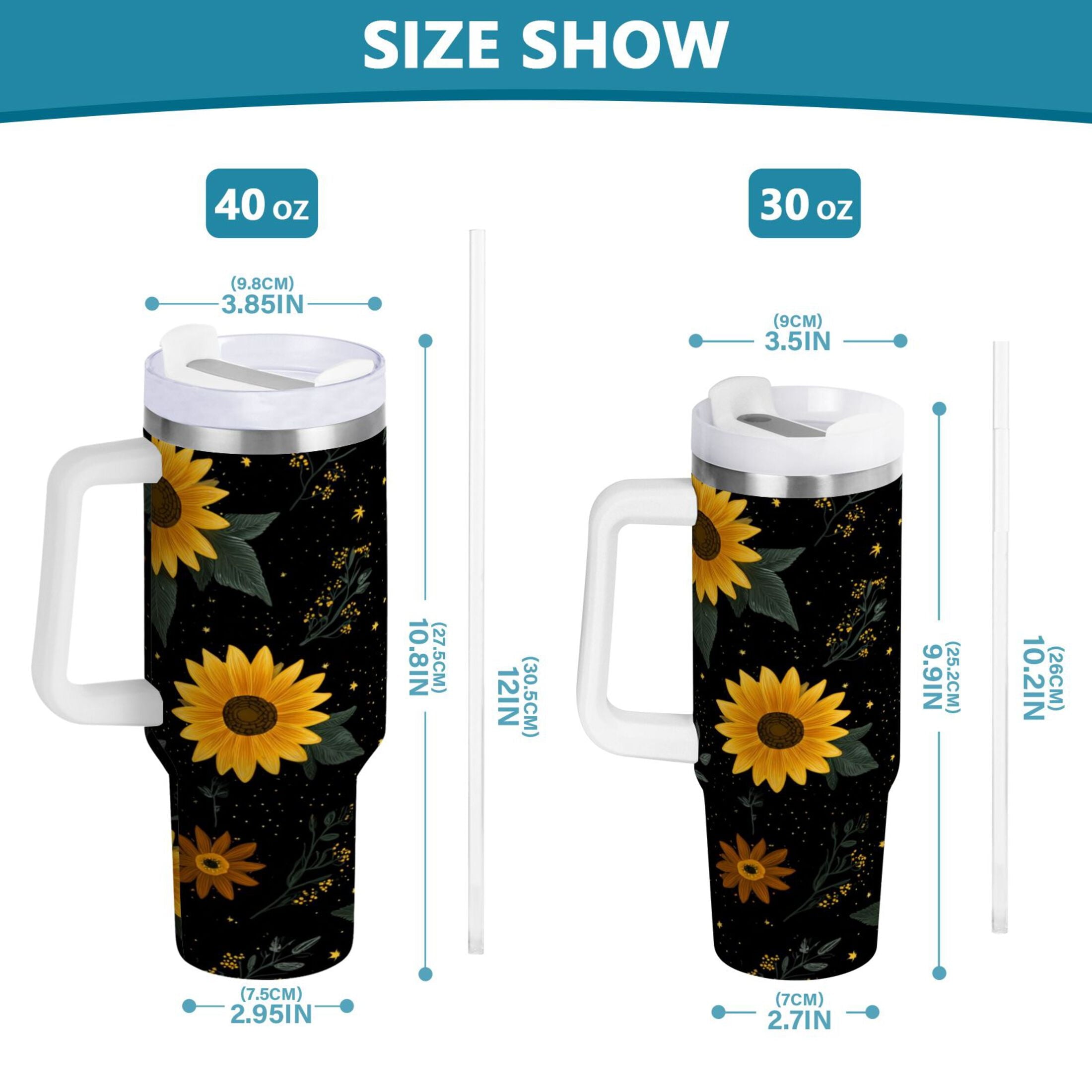 30 oz Insulated Stainless Steel Tumbler Double Wall Stainless Steel Tumbler with 2-Way Drinking Yellow Sunflower Pattern CKD8