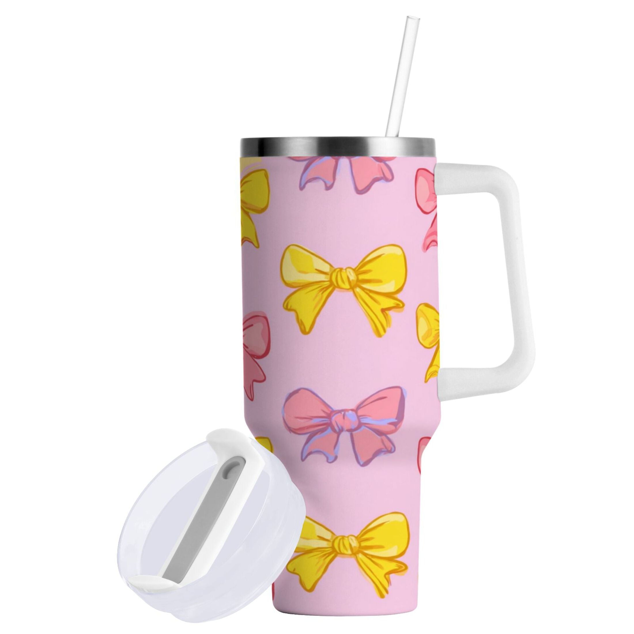 30 oz Insulated Stainless Steel Tumbler Double Wall Stainless Steel Tumbler with 2-Way Drinking Yellow and Pink Bows RW6H