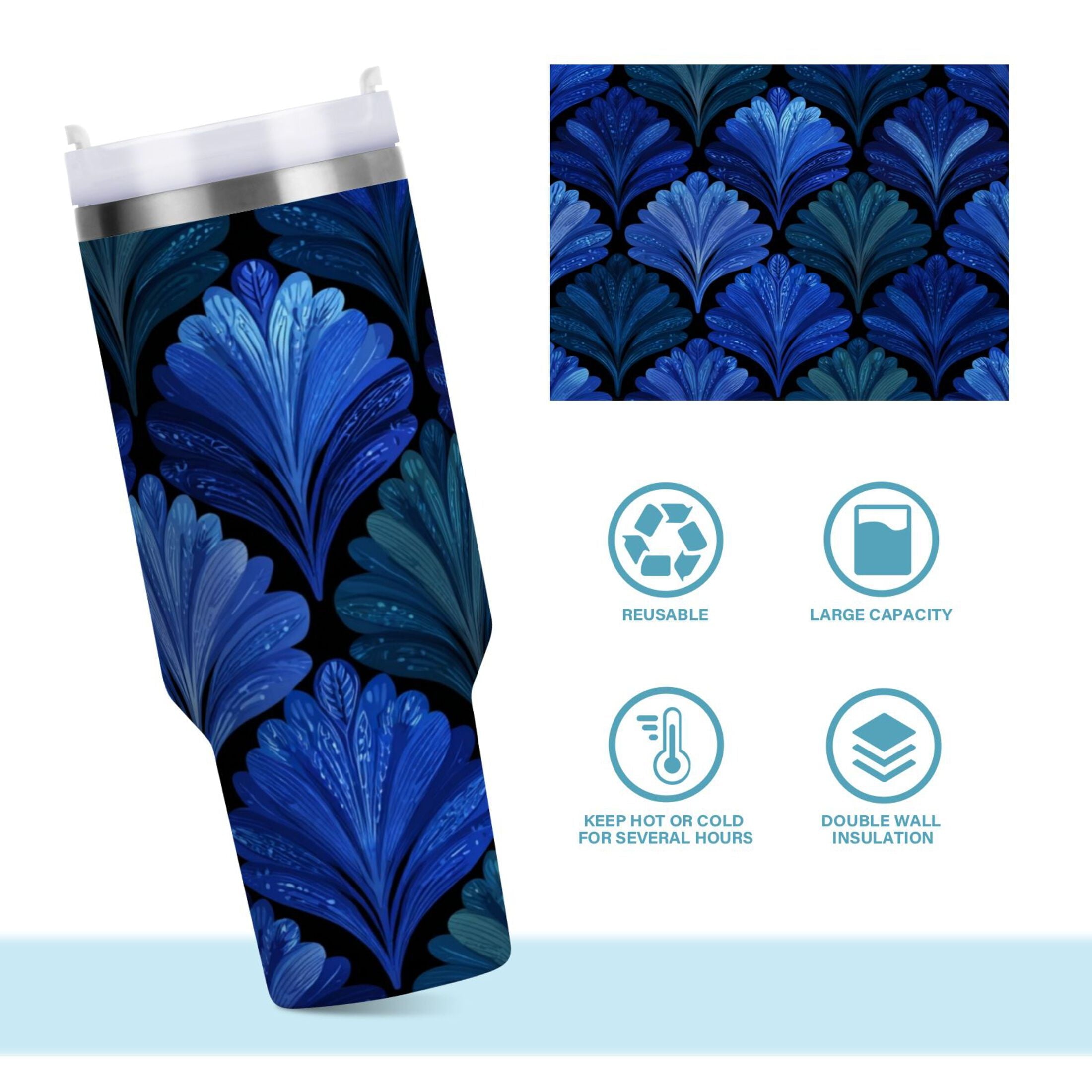 30 oz Insulated Stainless Steel Tumbler Double Wall Stainless Steel Tumbler with 2-Way Drinking Blue Batik Leaves Pattern ERED