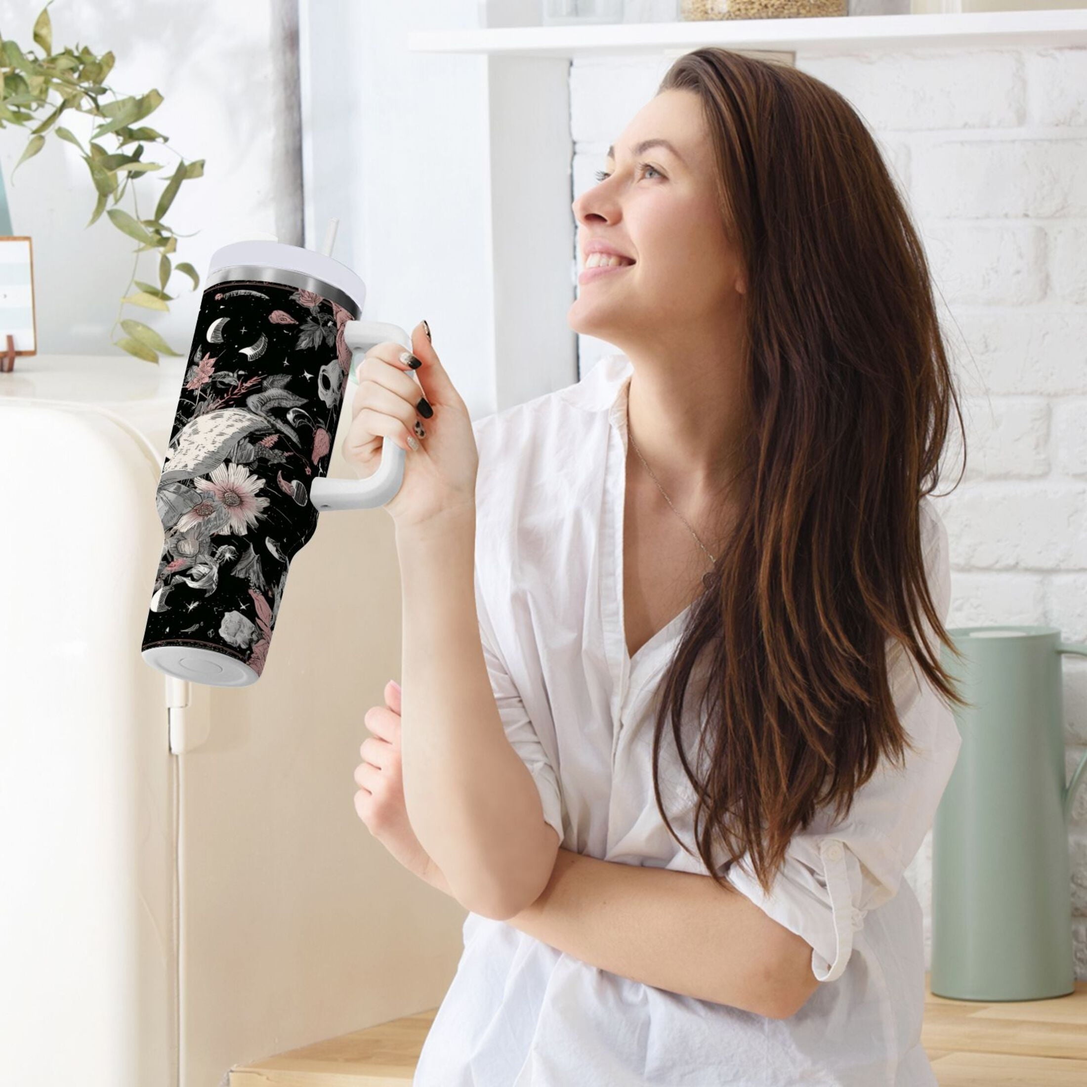 40 oz Insulated Stainless Steel Tumbler Double Wall Stainless Steel Tumbler with 2-Way Drinking Butterfly Surrounded by Flowers 20CT