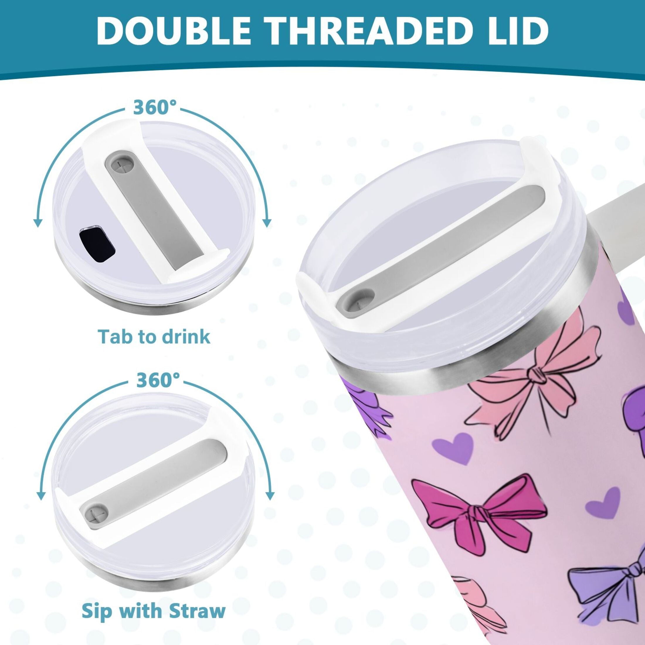 30 oz Insulated Stainless Steel Tumbler Double Wall Stainless Steel Tumbler with 2-Way Drinking Bows and Heart Pattern 4F0T