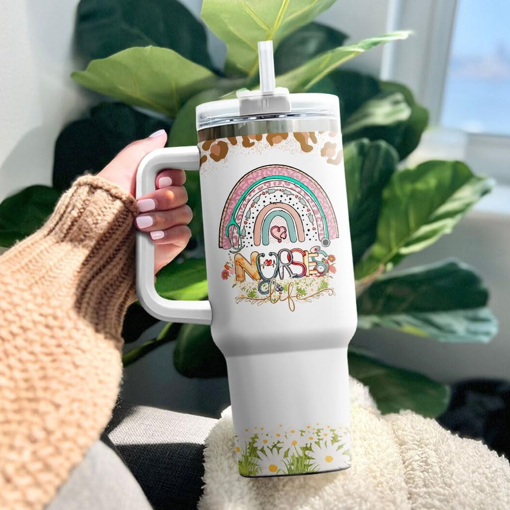 Tumbler 40 Oz With Handle Lid And Straw, Nurse Gifts, Black Camo White Engraved Print Travel Nurses Tumblers Handle Funny Cups Nursing For, Great Nurse Rainbow Daisy Flower DI5R