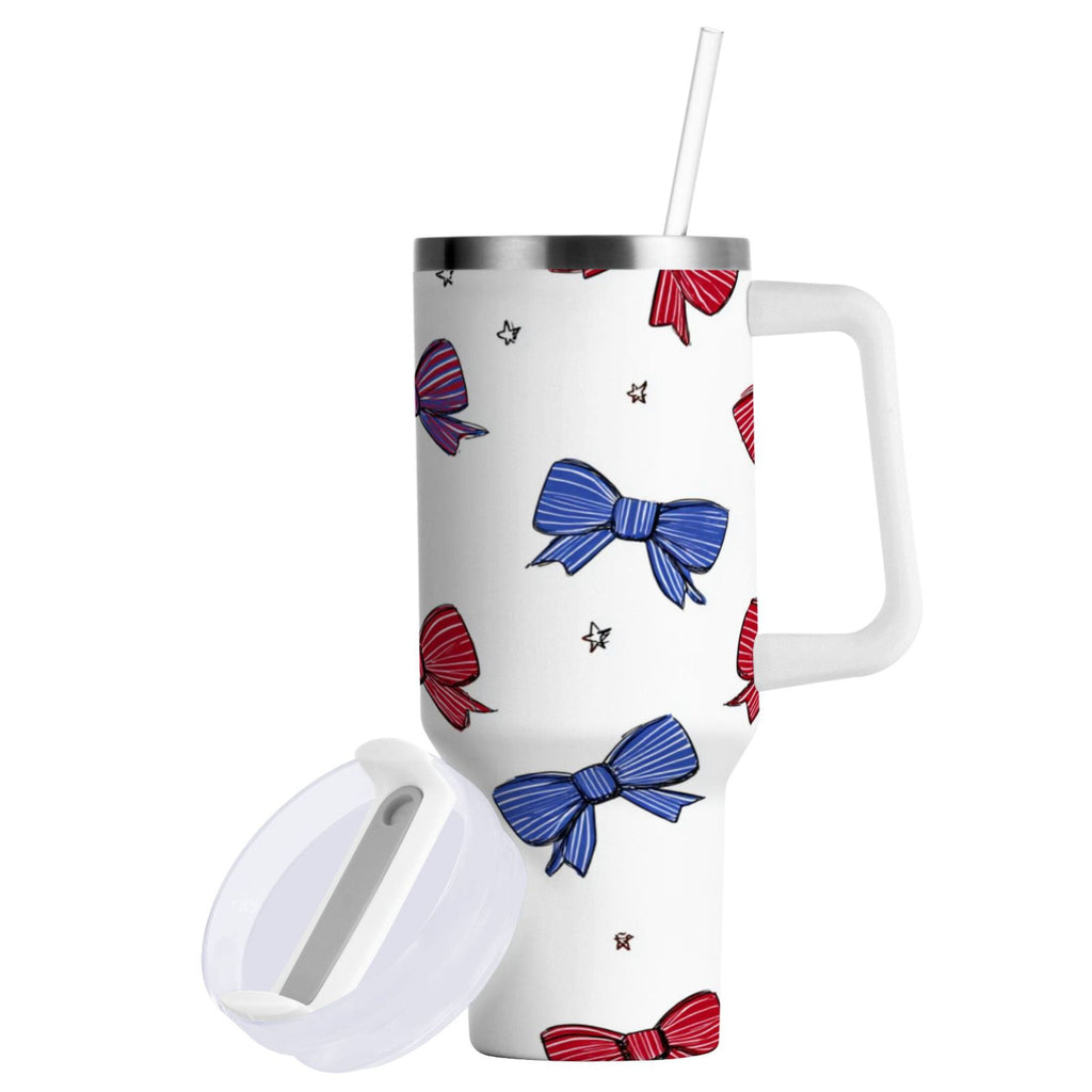 30 oz Insulated Stainless Steel Tumbler Double Wall Stainless Steel Tumbler with 2-Way Drinking Red and Blue Stripe Bows F3BC