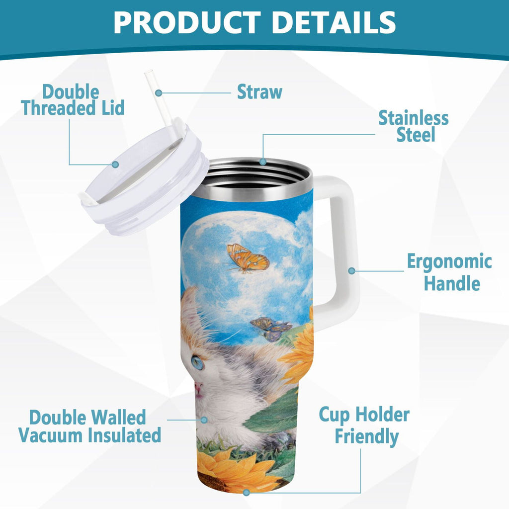 40 oz Insulated Stainless Steel Tumbler Double Wall Stainless Steel Tumbler with 2-Way Drinking Playful Cat Lying Sunflowers X733