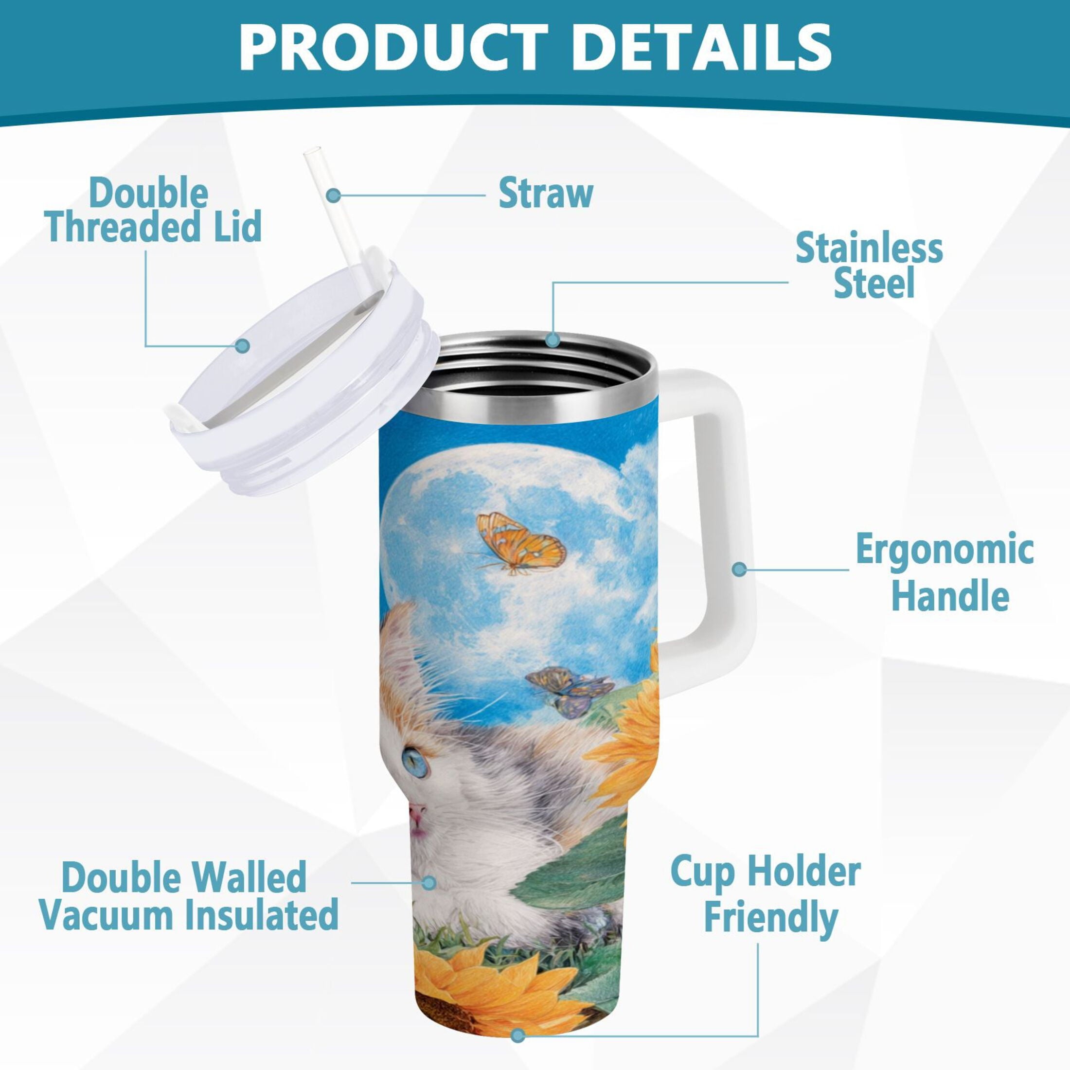 40 oz Insulated Stainless Steel Tumbler Double Wall Stainless Steel Tumbler with 2-Way Drinking Playful Cat Lying Sunflowers X733