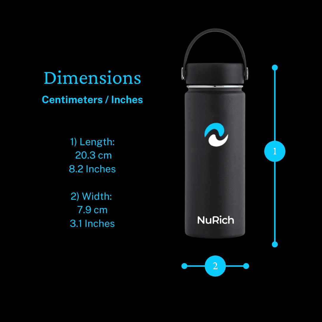 NuRich Sports Water Bottle - 18 Oz, Vacuum Insulated Stainless Steel, Modern Double Walled, Simple Thermo Modern Mug, Hydro Metal Canteen Flask Wide Mouth with Sweat Proof Design for Cold &amp; Hot Temp YIZX