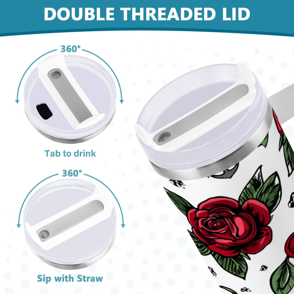 40 oz Insulated Stainless Steel Tumbler Double Wall Stainless Steel Tumbler with 2-Way Drinking Red Roses and Cherries MT7F