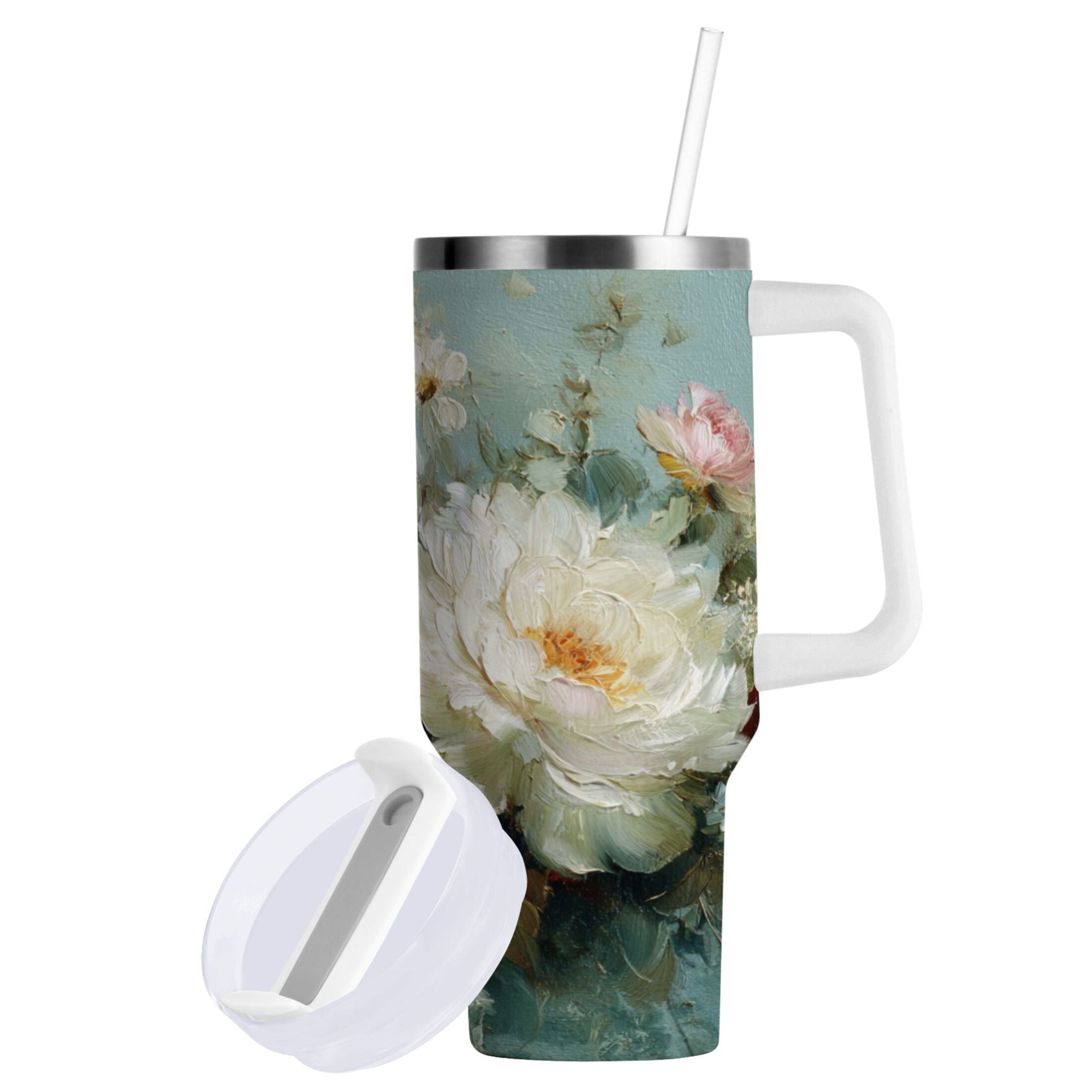 40 oz Insulated Stainless Steel Tumbler Double Wall Stainless Steel Tumbler with 2-Way Drinking Vintage Peonies and Daisies WT8H