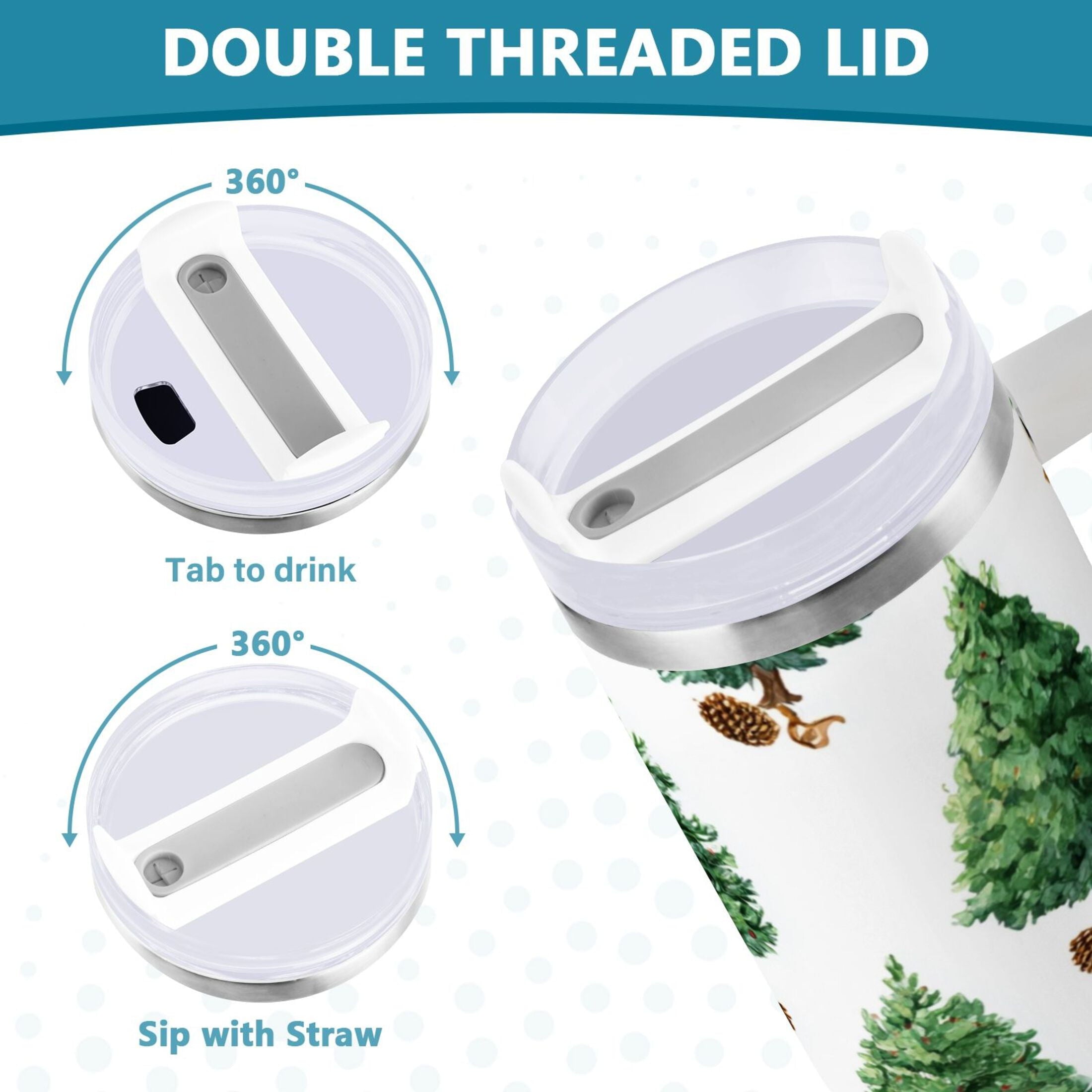 30 oz Insulated Stainless Steel Tumbler Double Wall Stainless Steel Tumbler with 2-Way Drinking Watercolor Green Christmas Tree PAN6