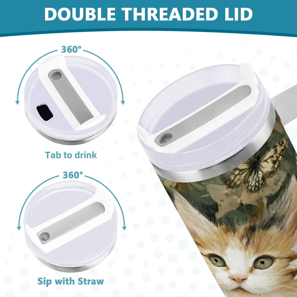 30 oz Insulated Stainless Steel Tumbler Double Wall Stainless Steel Tumbler with 2-Way Drinking Adorable Cats and Daisies 43FB