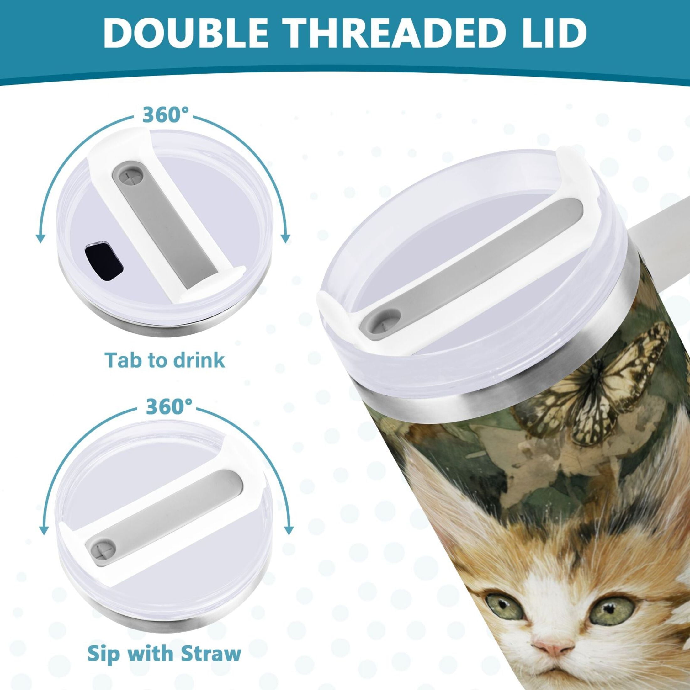 30 oz Insulated Stainless Steel Tumbler Double Wall Stainless Steel Tumbler with 2-Way Drinking Adorable Cats and Daisies 43FB