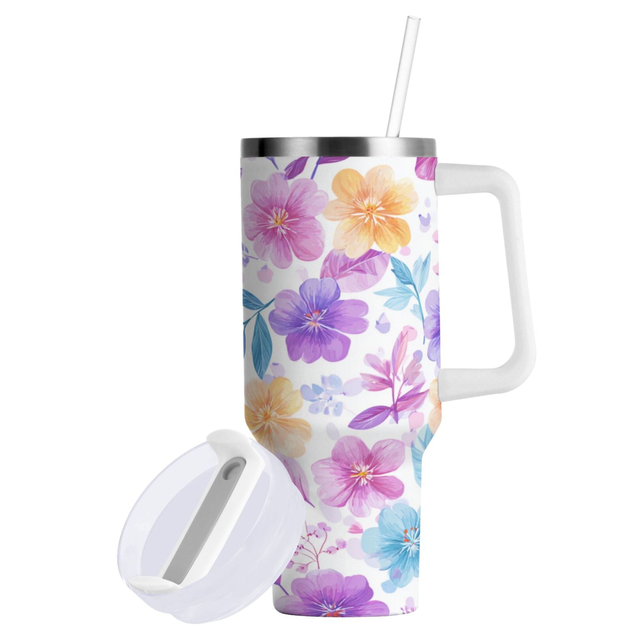 30 oz Insulated Stainless Steel Tumbler Double Wall Stainless Steel Tumbler with 2-Way Drinking Pink and Purple Flowers ZLNH
