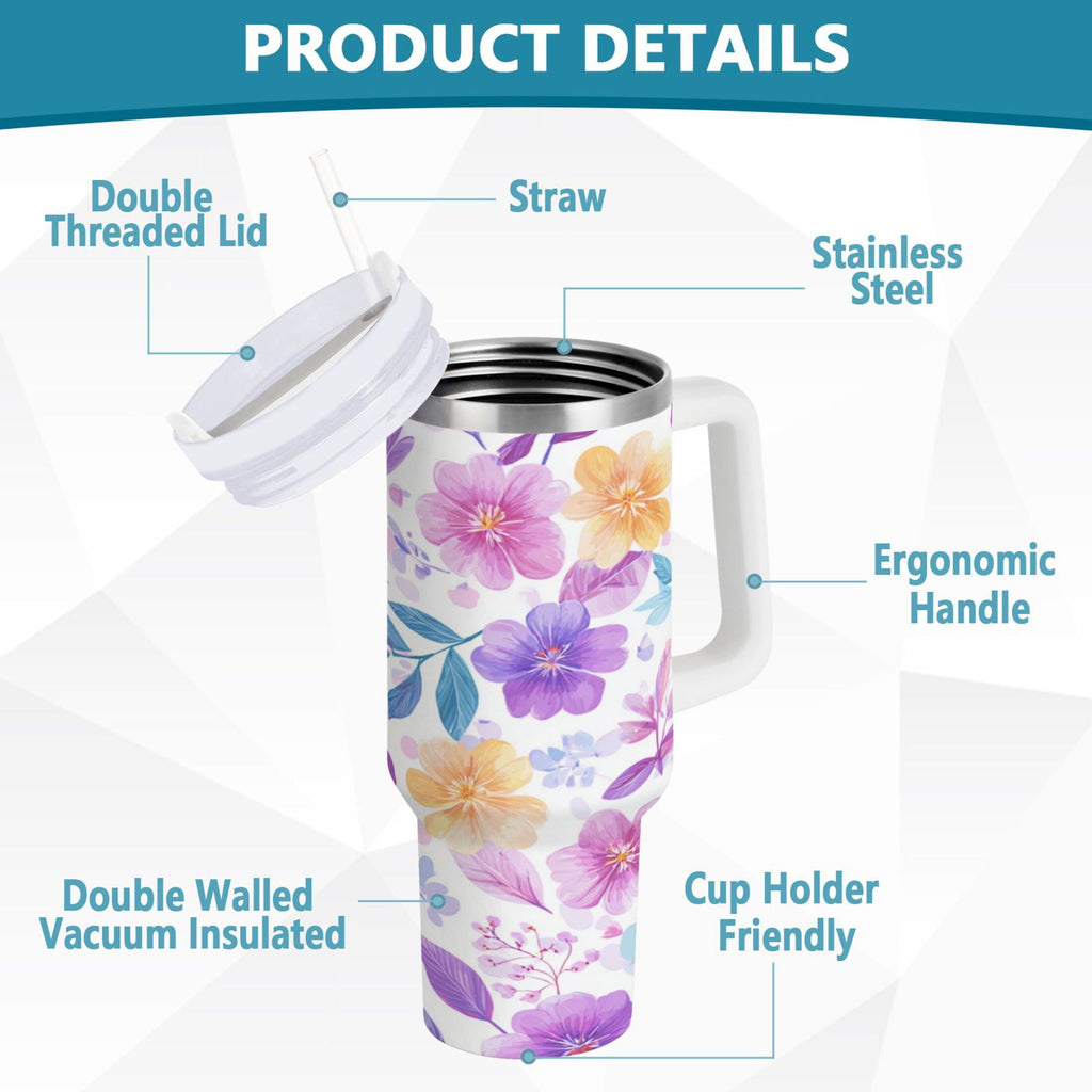 30 oz Insulated Stainless Steel Tumbler Double Wall Stainless Steel Tumbler with 2-Way Drinking Pink and Purple Flowers ZLNH