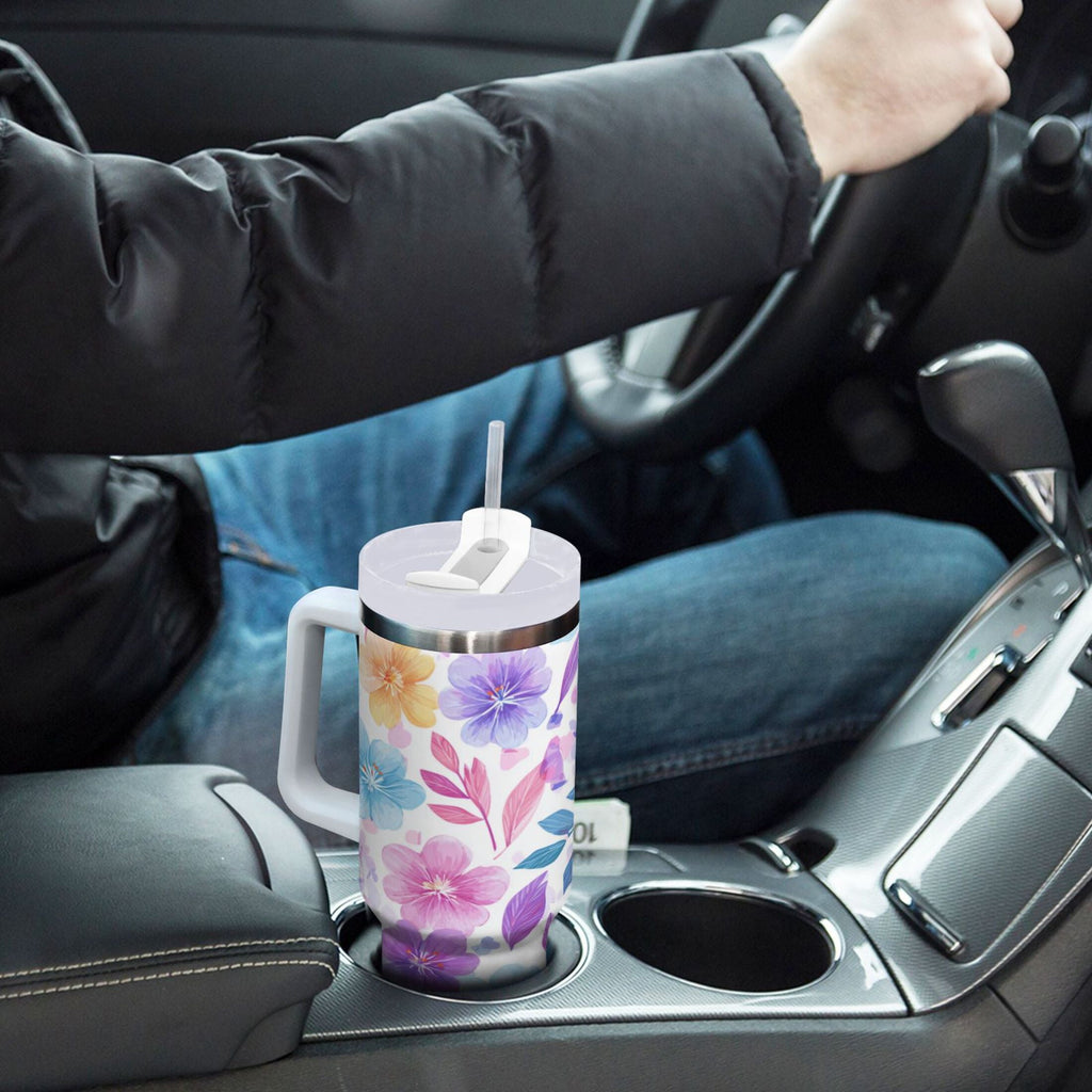 30 oz Insulated Stainless Steel Tumbler Double Wall Stainless Steel Tumbler with 2-Way Drinking Pink and Purple Flowers ZLNH