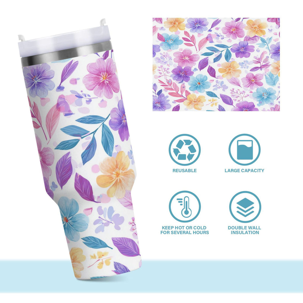 30 oz Insulated Stainless Steel Tumbler Double Wall Stainless Steel Tumbler with 2-Way Drinking Pink and Purple Flowers ZLNH