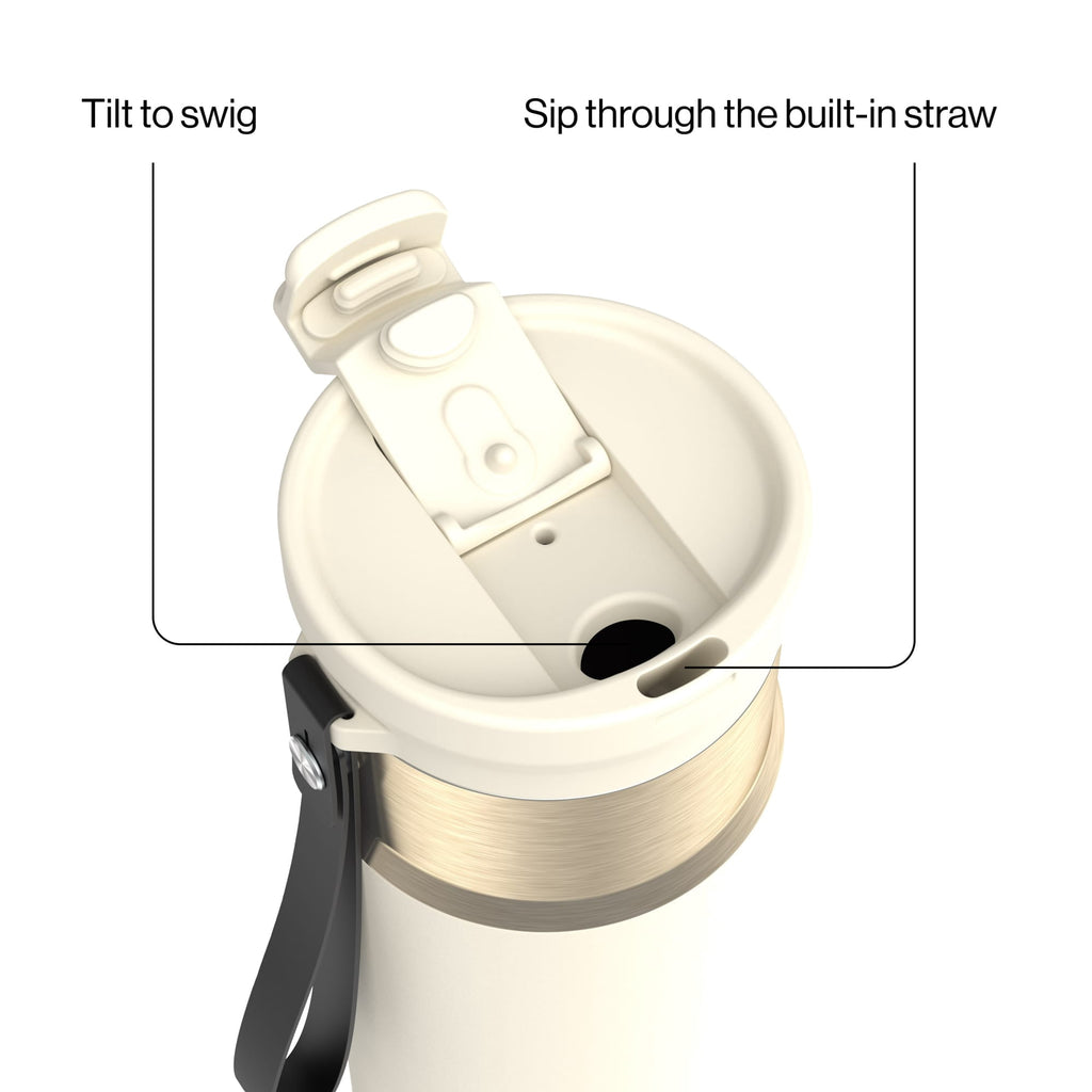 Contigo DualSip Leakproof Stainless Steel Reusable Water Bottle Tumbler with Carrying Strap, Cream/Champagne, 24 oz 92ZB