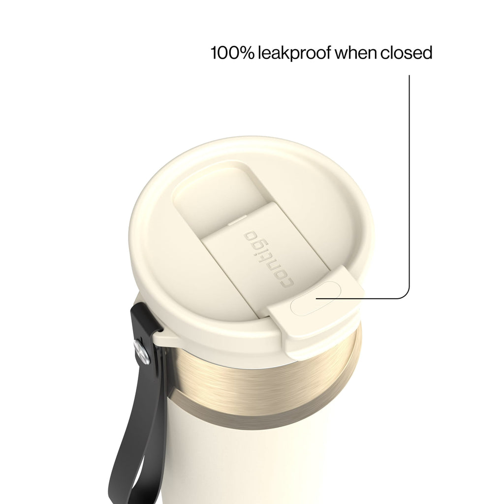 Contigo DualSip Leakproof Stainless Steel Reusable Water Bottle Tumbler with Carrying Strap, Cream/Champagne, 24 oz 92ZB