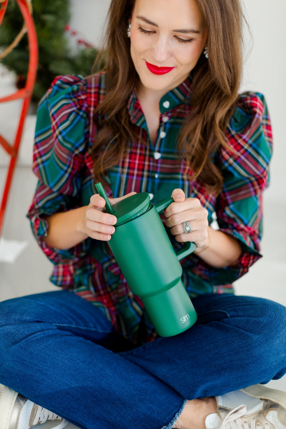 Simple Modern 30 fl oz Insulated Stainless Steel Trek Tumbler with Straw Lid | Seaglass Sage and Cream Checkmate 23VN