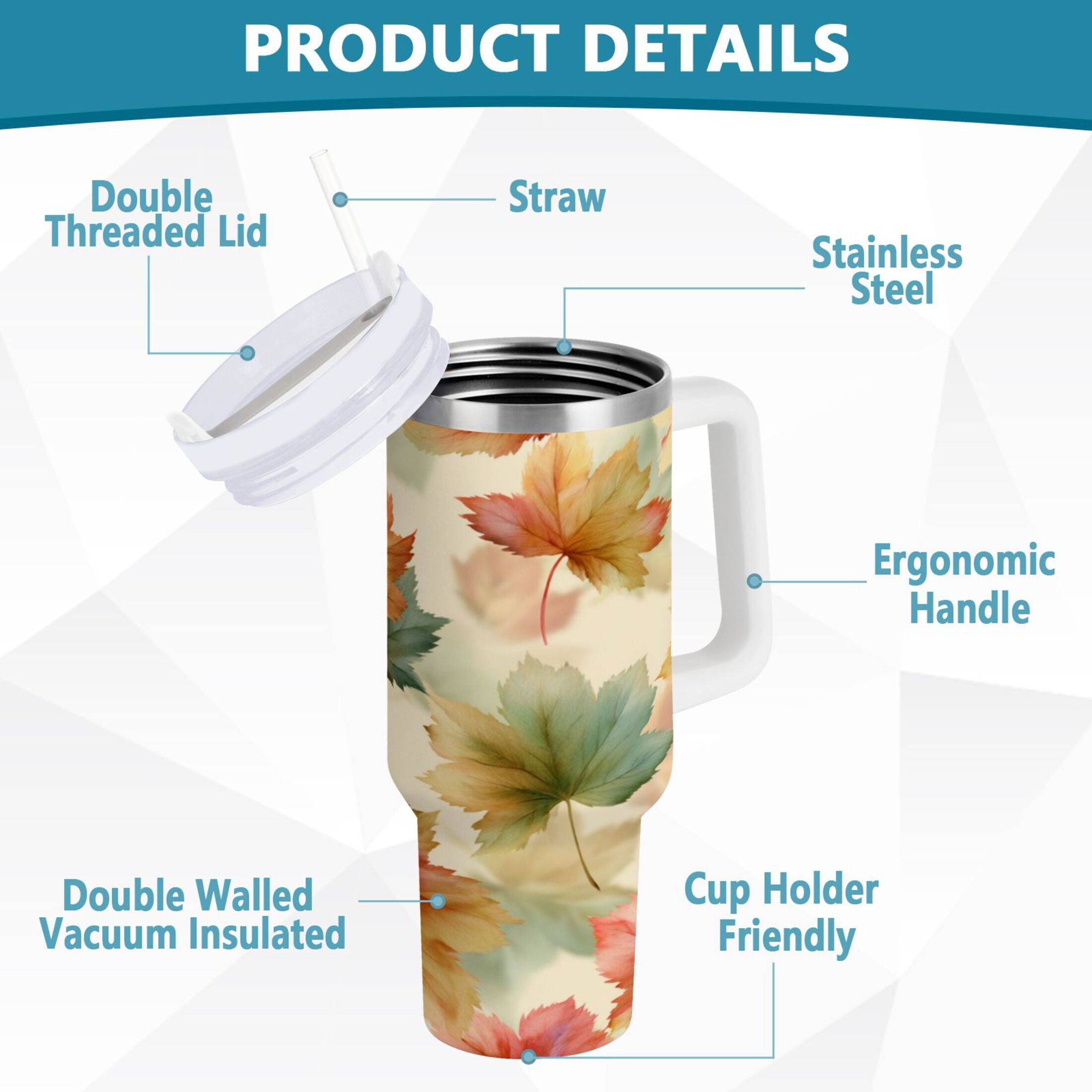 40 oz Insulated Stainless Steel Tumbler Double Wall Stainless Steel Tumbler with 2-Way Drinking Watercolor Maple Leaves Pattern 957M