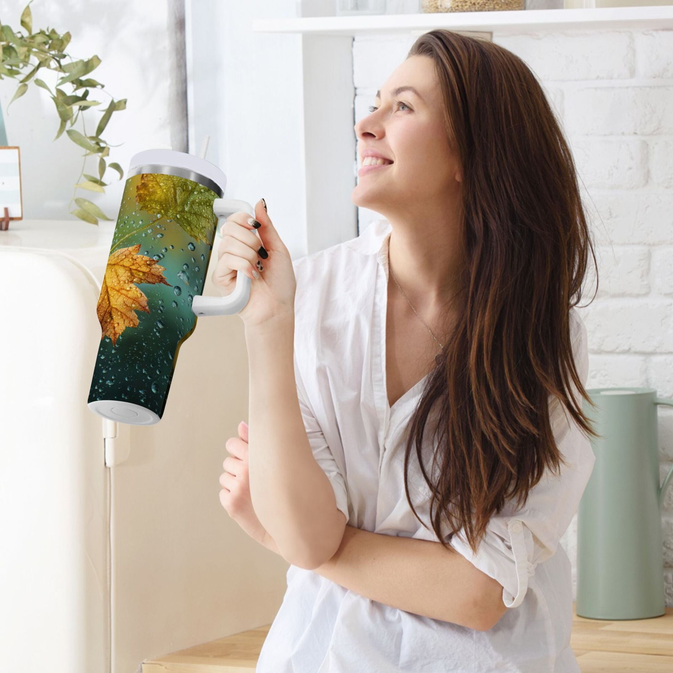 30 oz Insulated Stainless Steel Tumbler Double Wall Stainless Steel Tumbler with 2-Way Drinking Leaves with Water Droplets CYU6