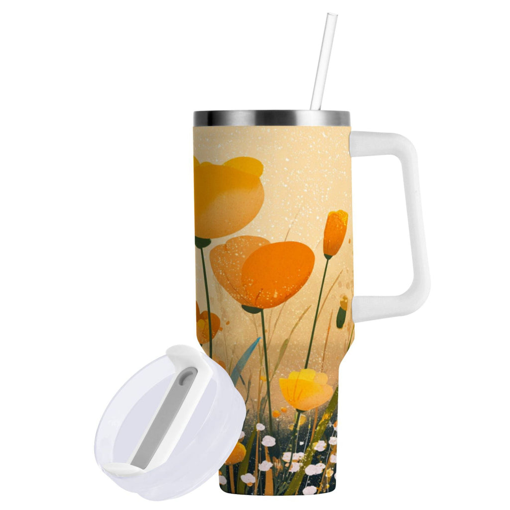 30 oz Insulated Stainless Steel Tumbler Double Wall Stainless Steel Tumbler with 2-Way Drinking Yellow Flowers on The Grass 3AFR