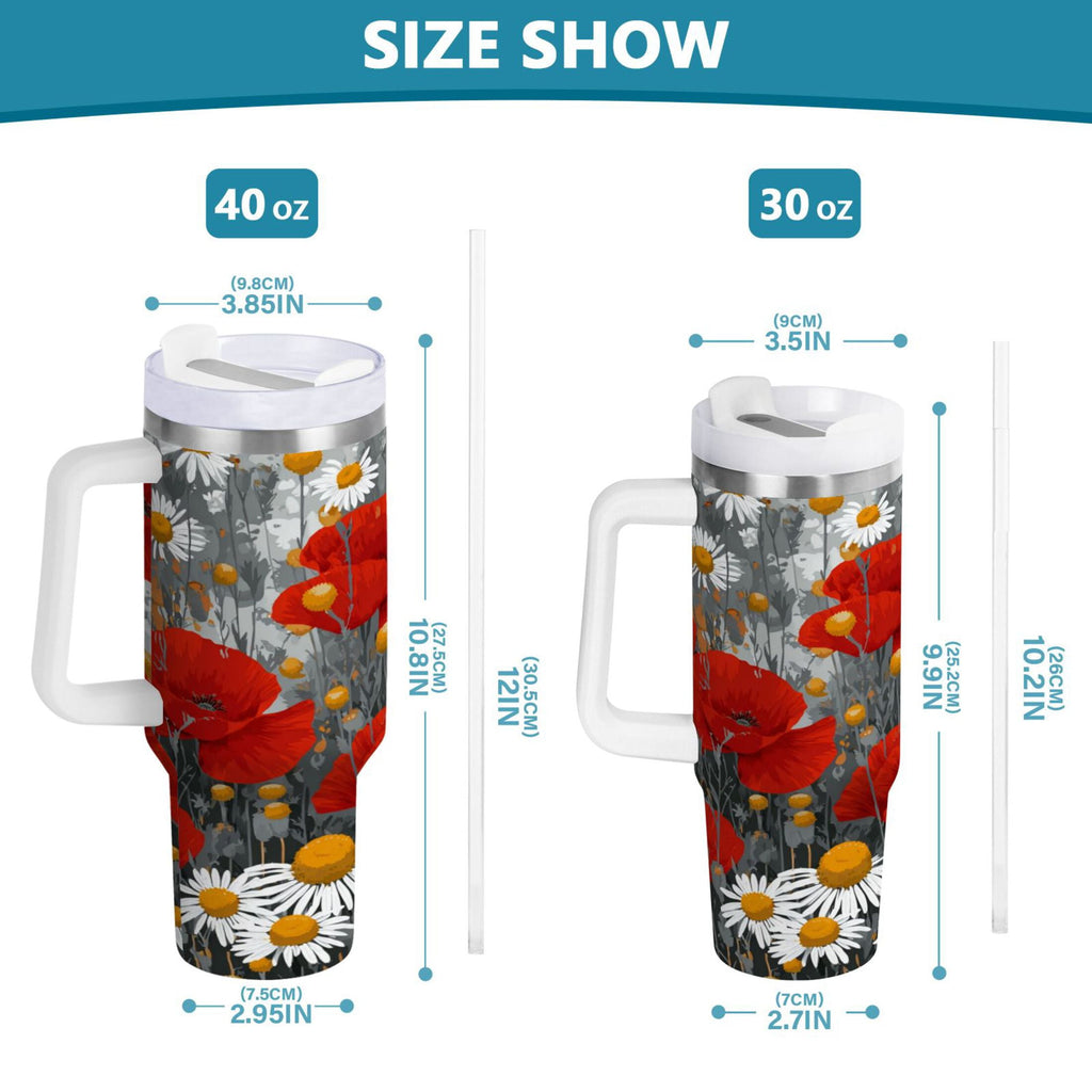 40 oz Insulated Stainless Steel Tumbler Double Wall Stainless Steel Tumbler with 2-Way Drinking Red Flowers and Daisies T4H9