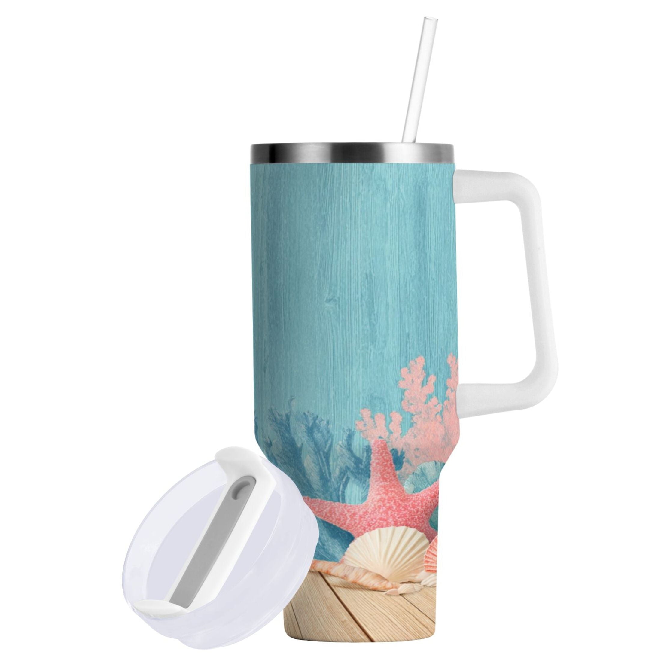 40 oz Insulated Stainless Steel Tumbler Double Wall Stainless Steel Tumbler with 2-Way Drinking Colorful Starfish and Seashells 0MXI
