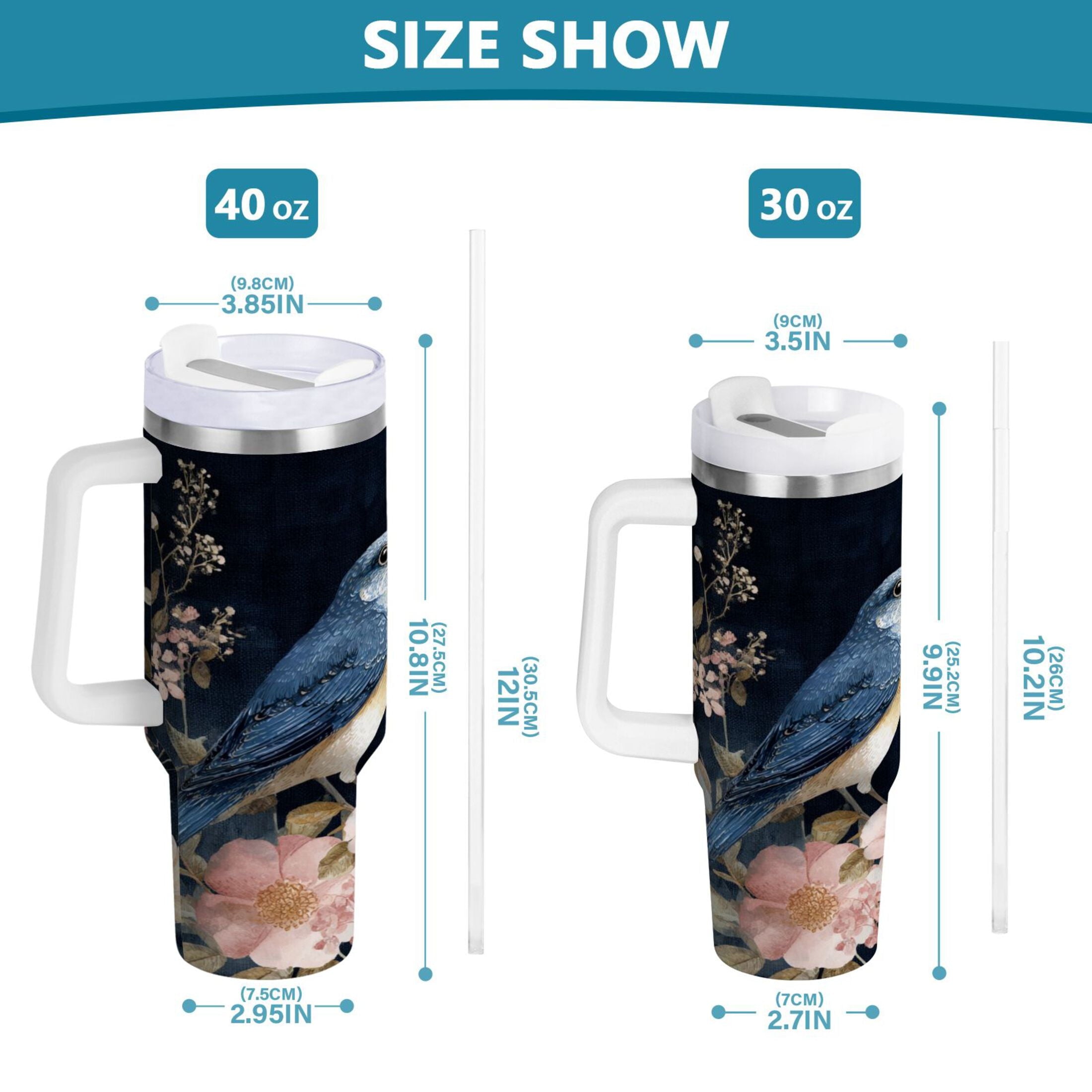 30 oz Insulated Stainless Steel Tumbler Double Wall Stainless Steel Tumbler with 2-Way Drinking Watercolor Vintage Blue Bird SLSY