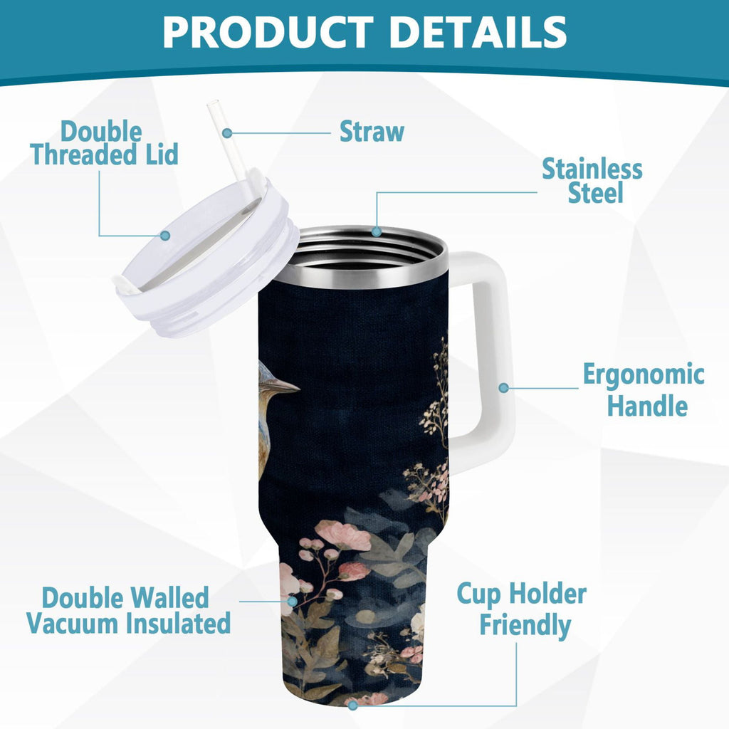 30 oz Insulated Stainless Steel Tumbler Double Wall Stainless Steel Tumbler with 2-Way Drinking Watercolor Vintage Blue Bird SLSY