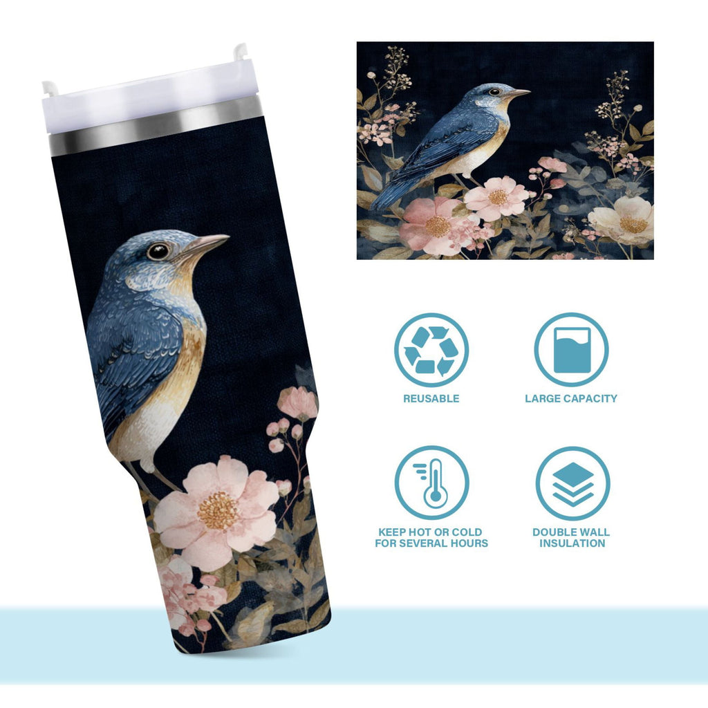 30 oz Insulated Stainless Steel Tumbler Double Wall Stainless Steel Tumbler with 2-Way Drinking Watercolor Vintage Blue Bird SLSY